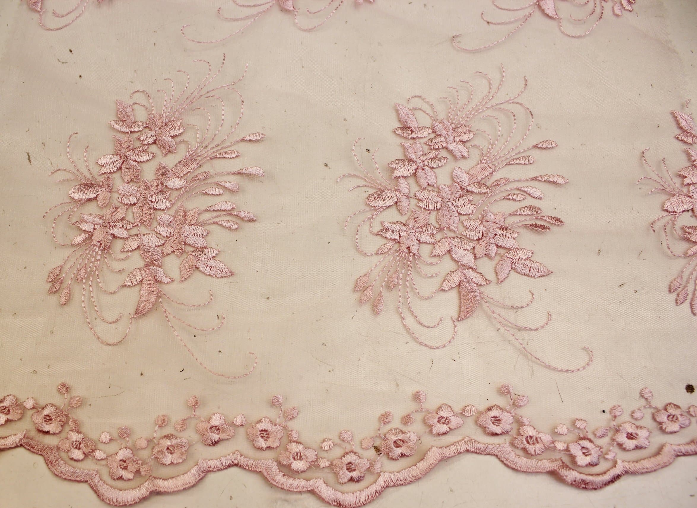 Baby Pink, Lace Fabric Embroidery on Polyester Mesh with Floral Style Design 54 Inches Wide