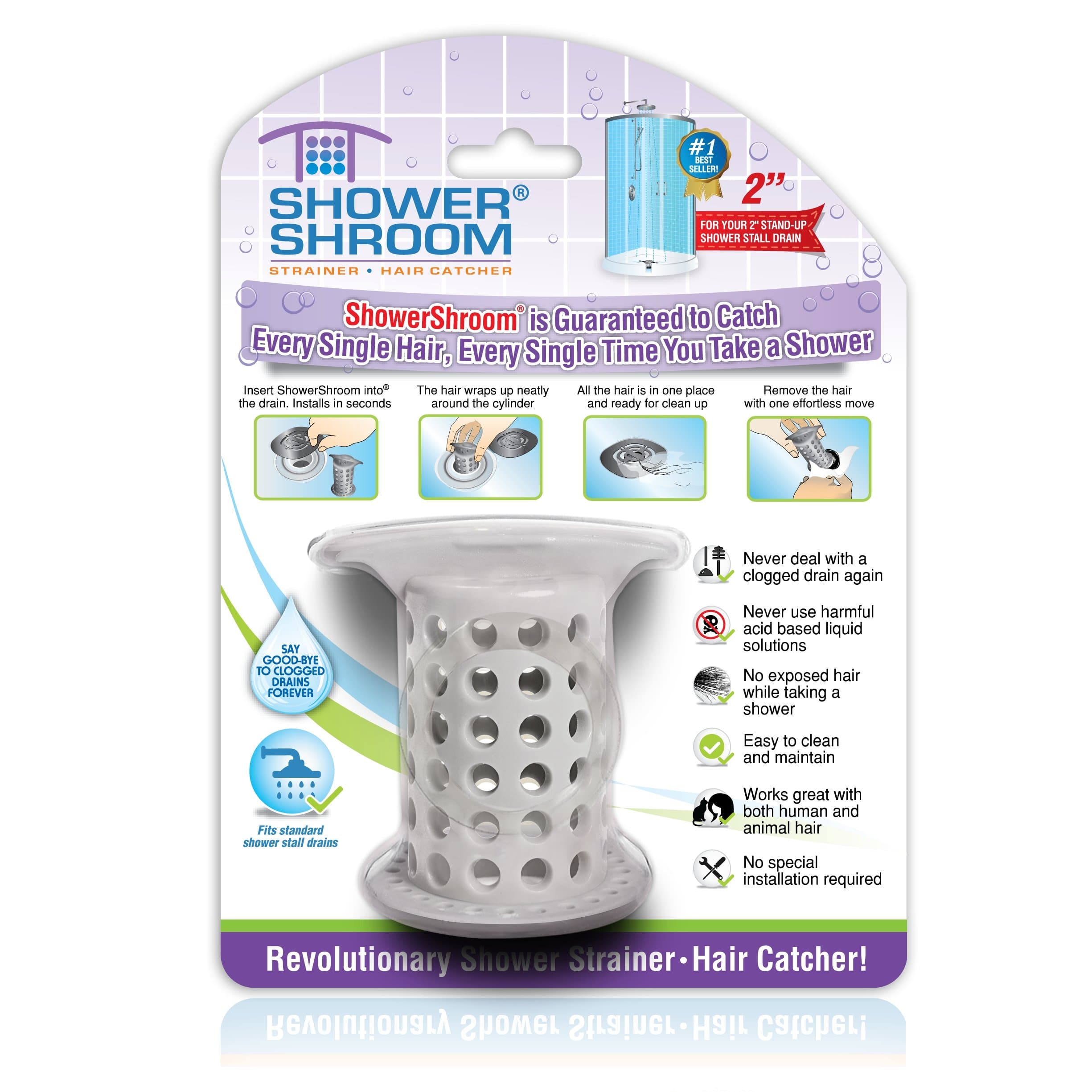 – ShowerShroom the Revolutionary 2" Stand-Up Shower Stall Drain Protector Hair Catcher/Strainer, Gray