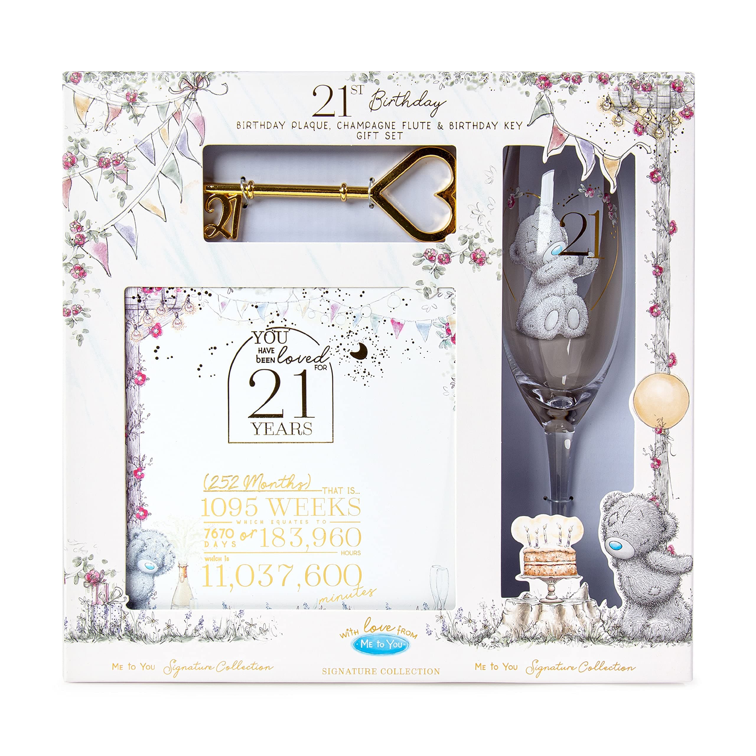 Tatty Teddy 21st Plaque, Glass and Key Gift Set- Official Signature Collection, White