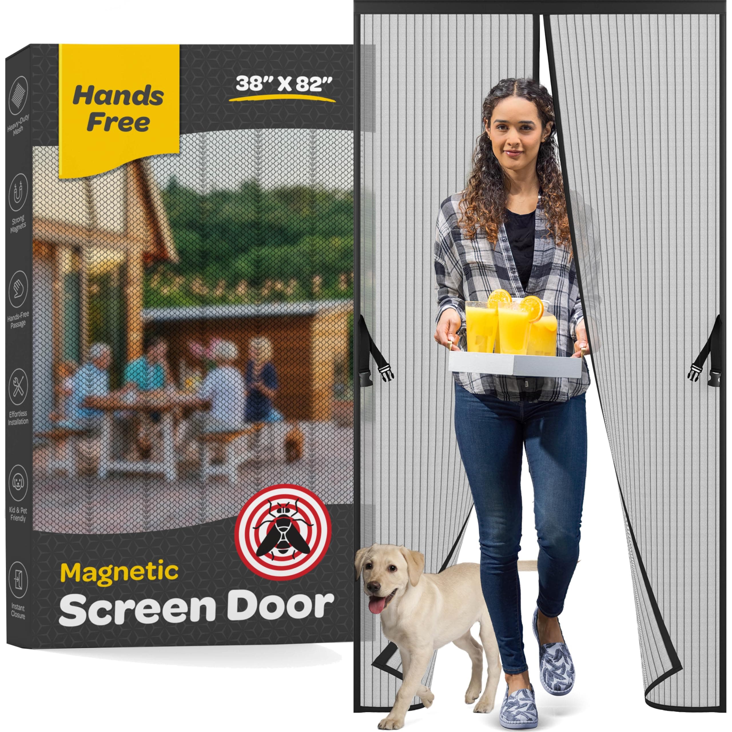 Hands-Free Magnetic Screen Door, Heavy Duty, Self Sealing Screen Door Mesh Protector, Pet and Kid-Friendly, and Stay-Open Buckle, Fits Door Size (38" x 83" ) Keeps Bugs Out While Letting Nature in.