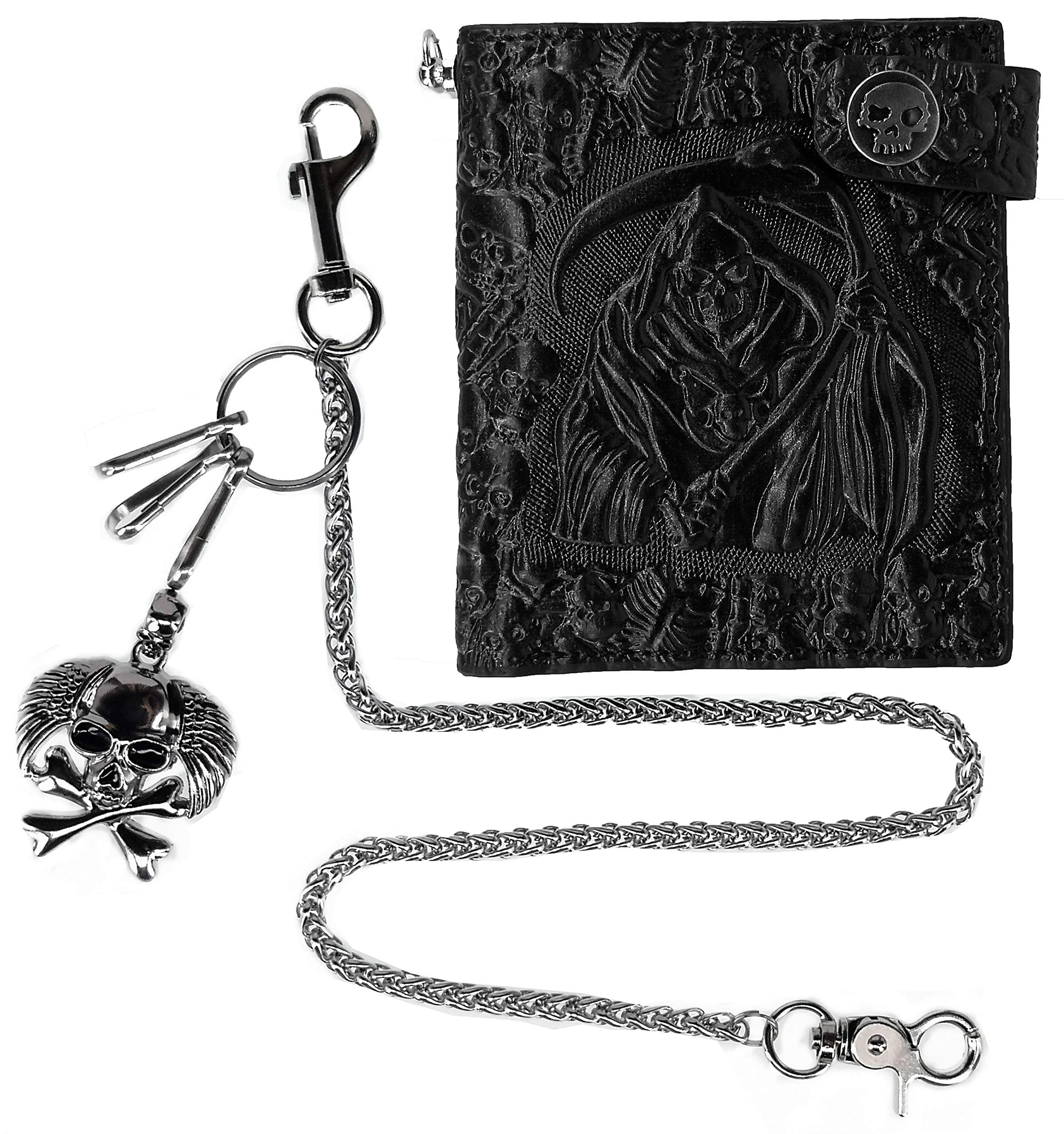 ABC STORYUnisex Punk Gothic Skull Biker Wallet with Stainless Chain Trucker Wallet Bifold, Black-C, Short