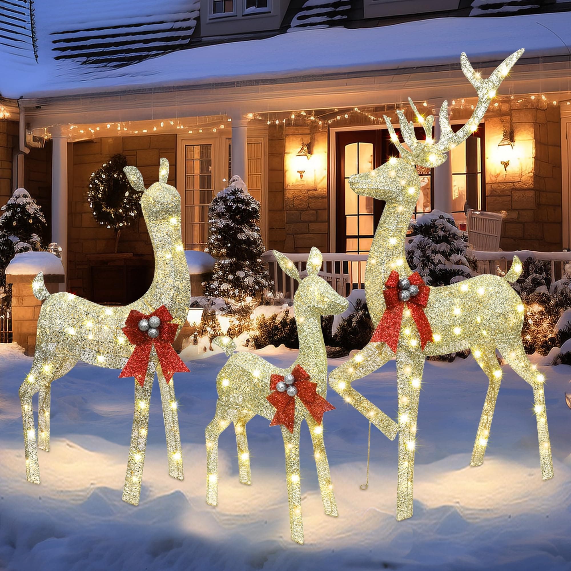 winemana 5ft Reindeer Christmas Outdoor Decorations, Set of 3 Extra Large Deer Yard Decor- Lighted 3D Reindeer Family Set for Outside Lawn Garden Xmas Holiday Party Decor (Gold)