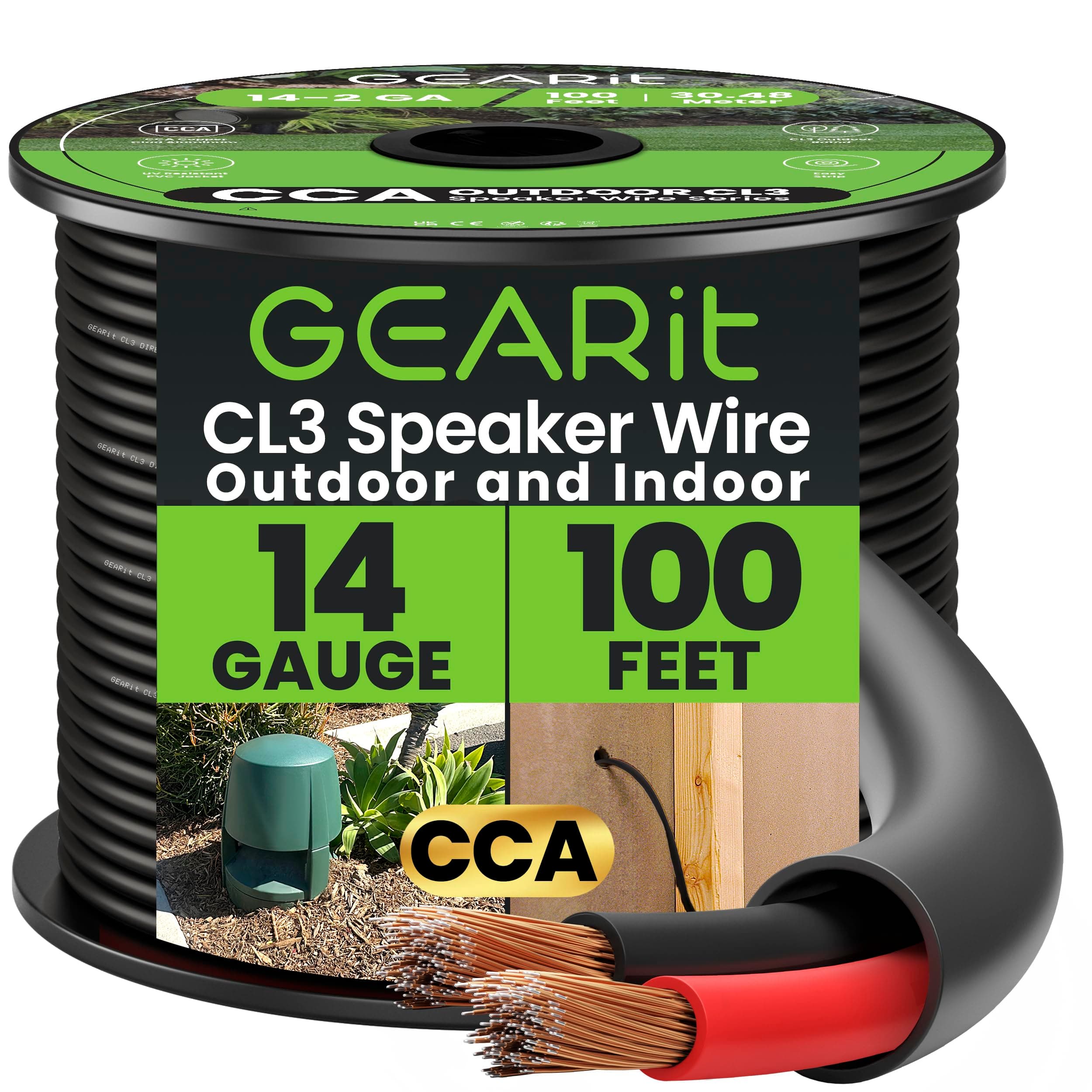 GearIT 14/2 Speaker Wire (100 Feet) 14 Gauge (Copper Clad Aluminum) - Outdoor Direct Burial in Ground/in Wall / CL3 CL2 Rated / 2 Conductors - CCA, Black 100ft