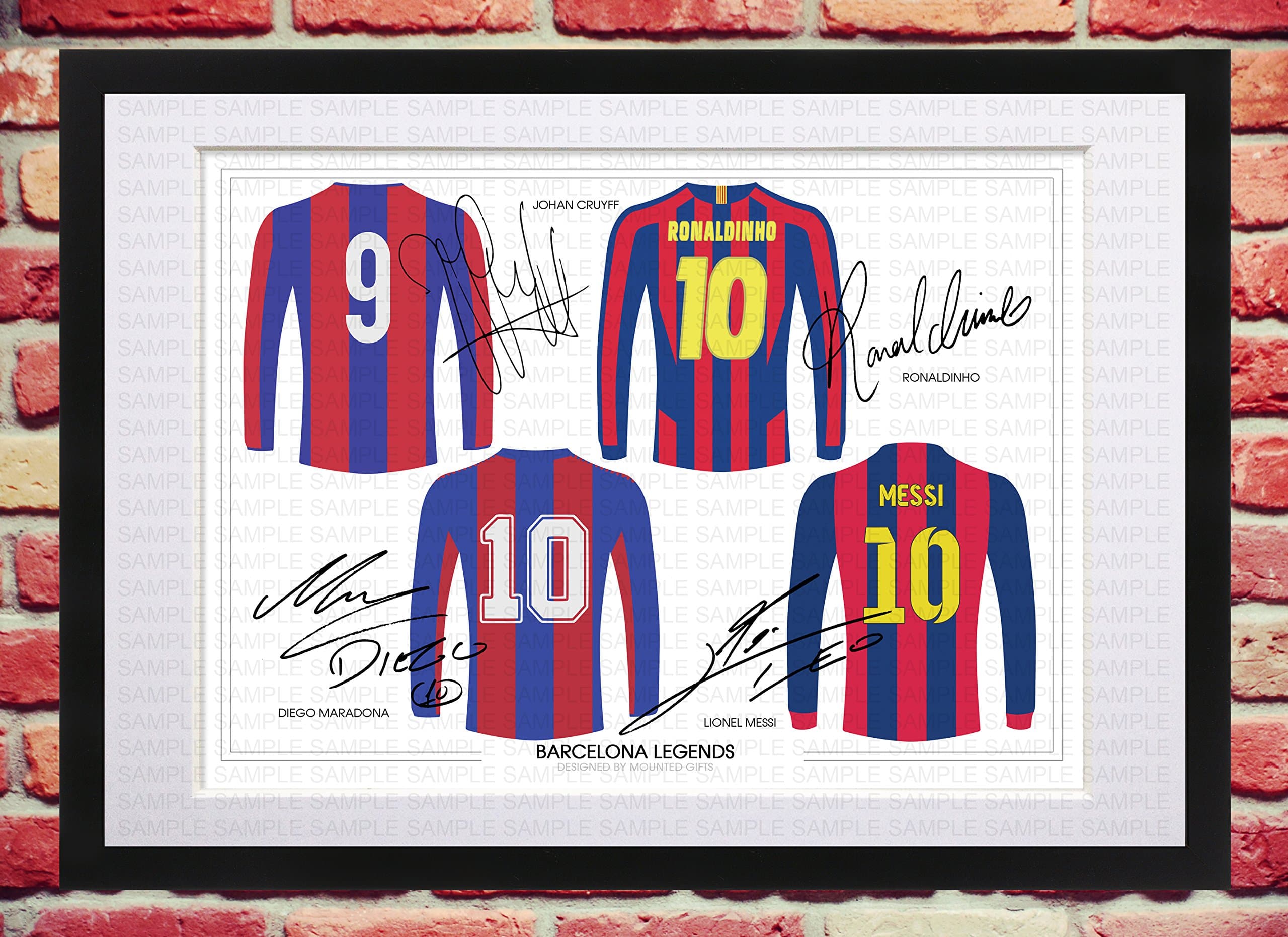 Framed & Mounted Barcelona Legends Johan Cruyff Diego Maradona Ronaldinho Lionel Messi Season Signed Autograph With Printed Autograph Photo Print Photograph Unique Design Art Artwork Picture Shirt