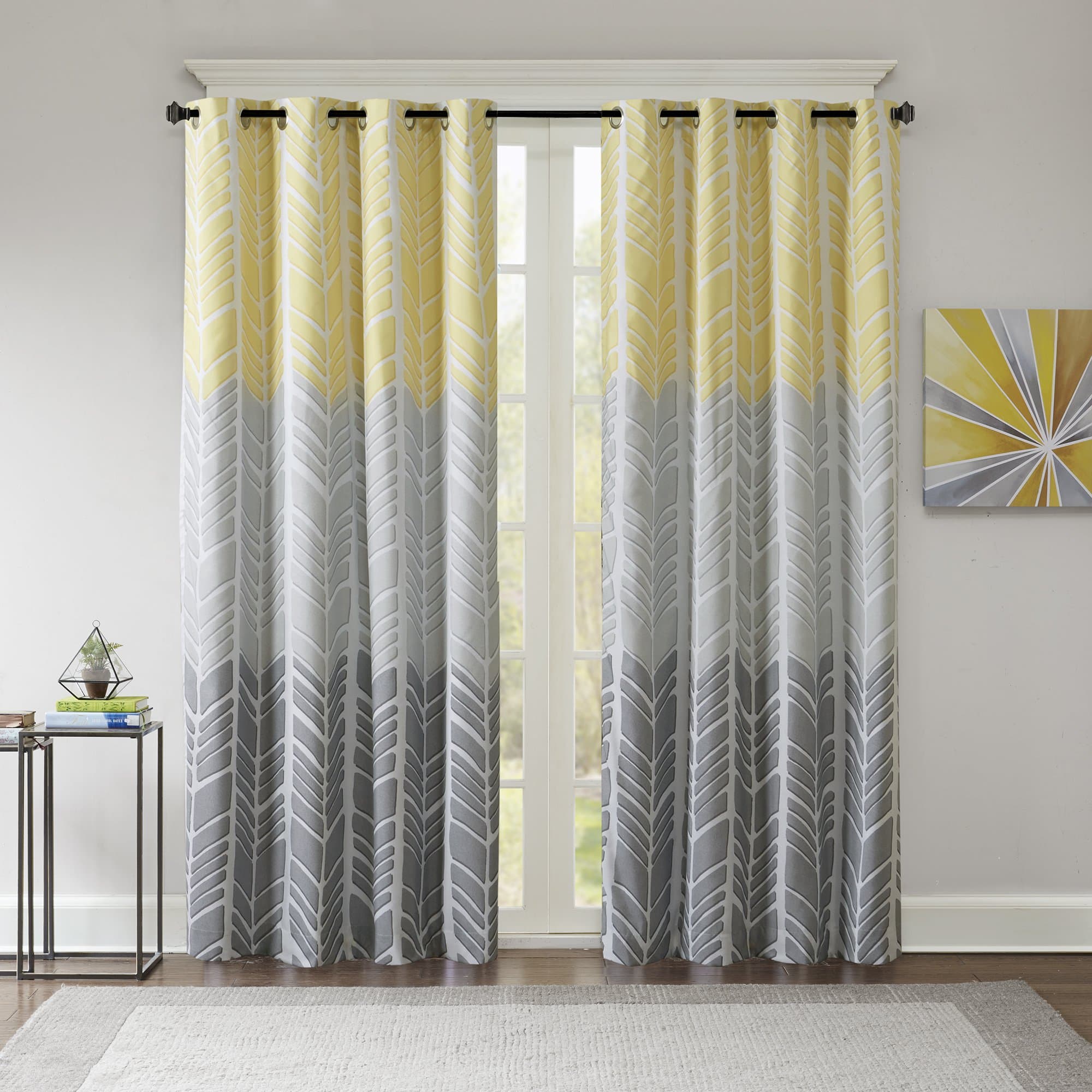 Intelligent Design Adel Blackout Curtain For Bedroom, Casual Single Window Panel For Livingroom, Family, Geometric Grommet Room Darkening Black Out Curtain, Single Panel Only, 50X84, Yellow