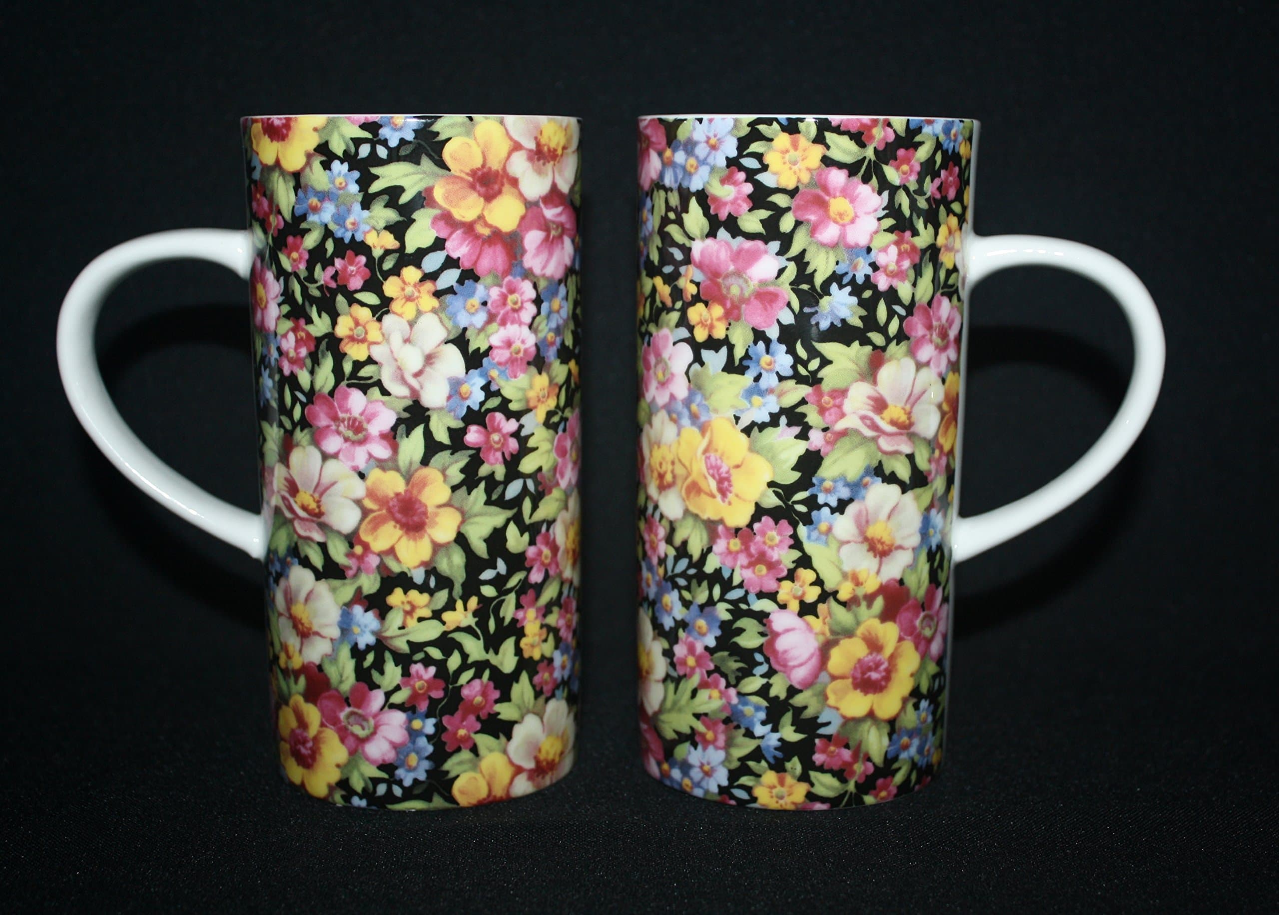 Set of 2 Fine Bone China Contemporary Tall Cylinder Mugs. Quality Black Meadow Chintz. Hand Decorated and Kiln Fired in Staffordshire.