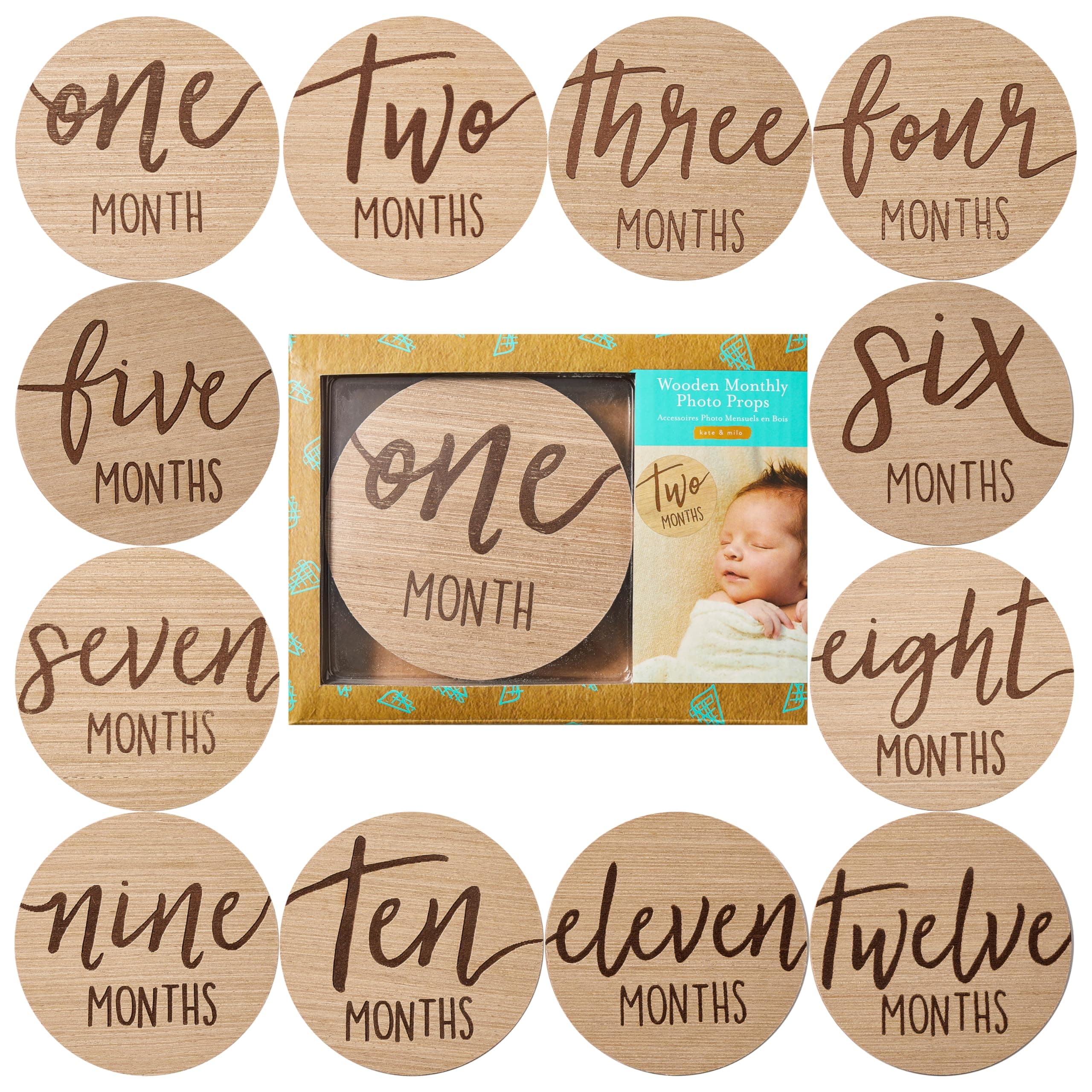 Kate & Milo Baby Monthly Milestone Marker Discs, Reversible Photo Props, Baby Growth and Pregnancy Growth Cards, 1-12 Months, Wooden