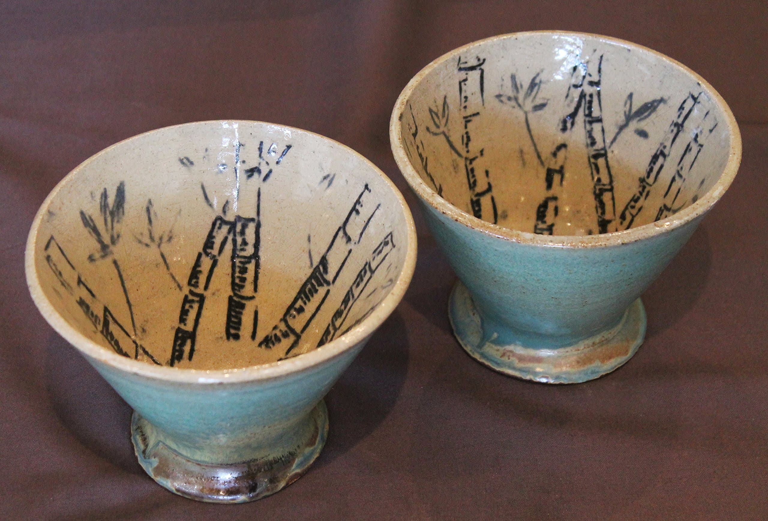 Set of Two Bowls- Carved and Inlayed Bamboo Motif