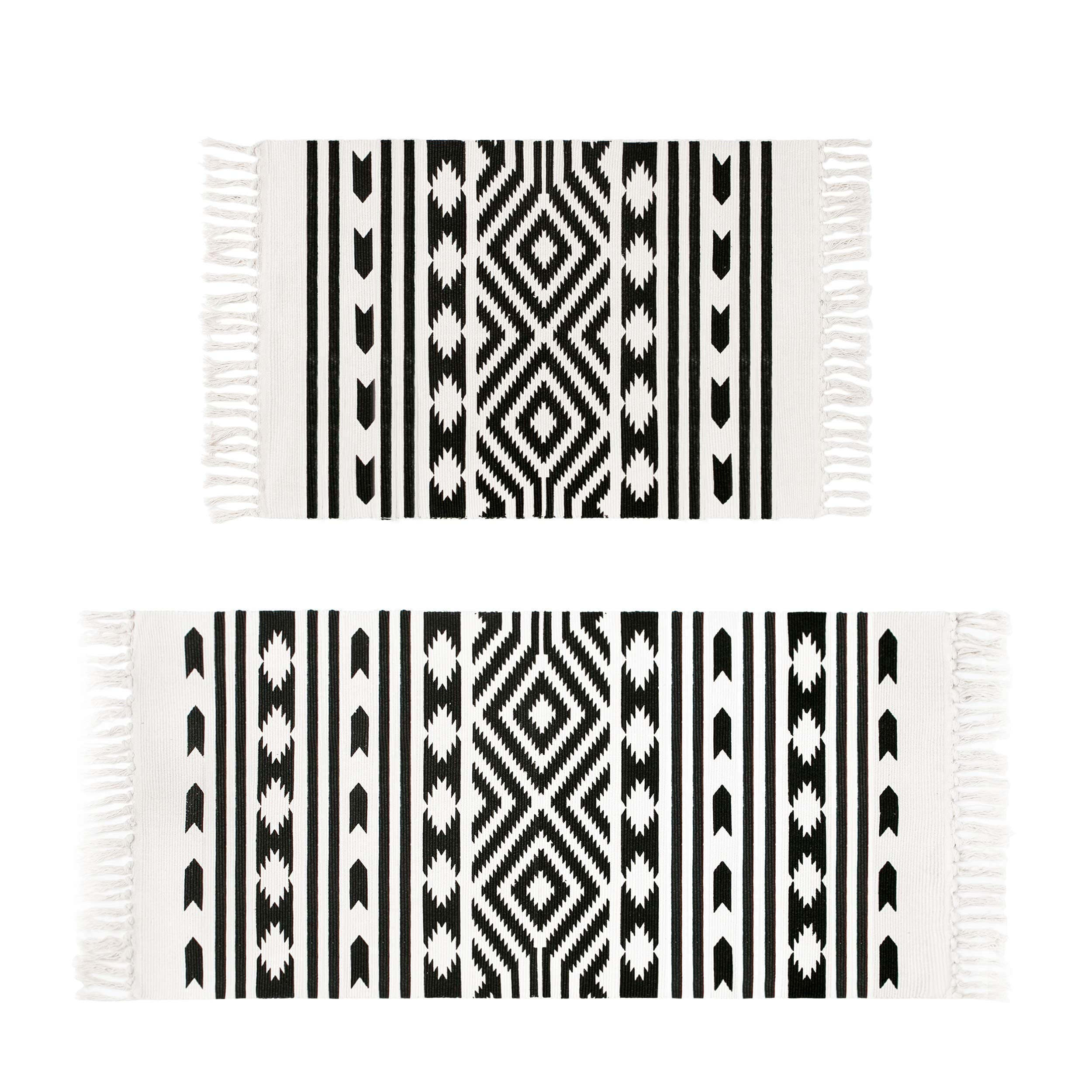 Aonewoe Set of 2 Cotton Area Rugs Geometric Printed Pattern Machine Washable Cotton Rugs with Tassel Hand Woven Cotton Rug Runner for Home Kitchen Living Room 60x90cm+60x130cm