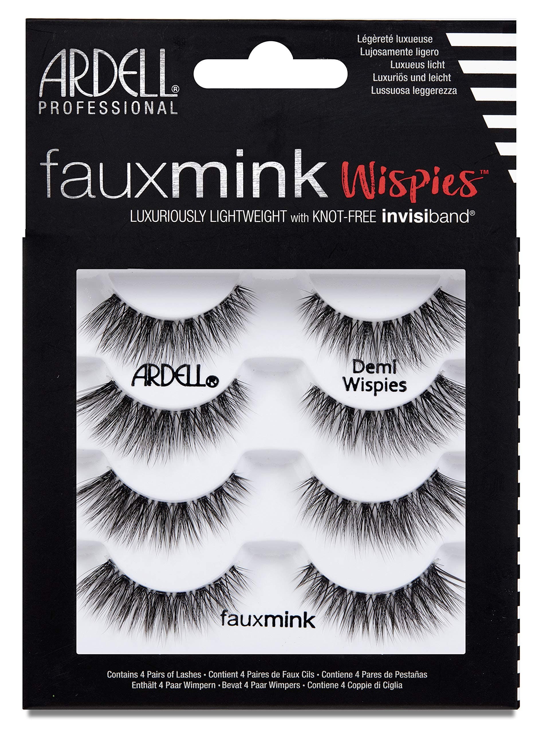 False Eyelashes Faux Mink Demi Wispies 4 Pairs Multipack Black Medium Volume Long Length Invisiband Lightweight Silky Soft Faux Mink Eyelashes Vegan-Friendly Cruelty-Free