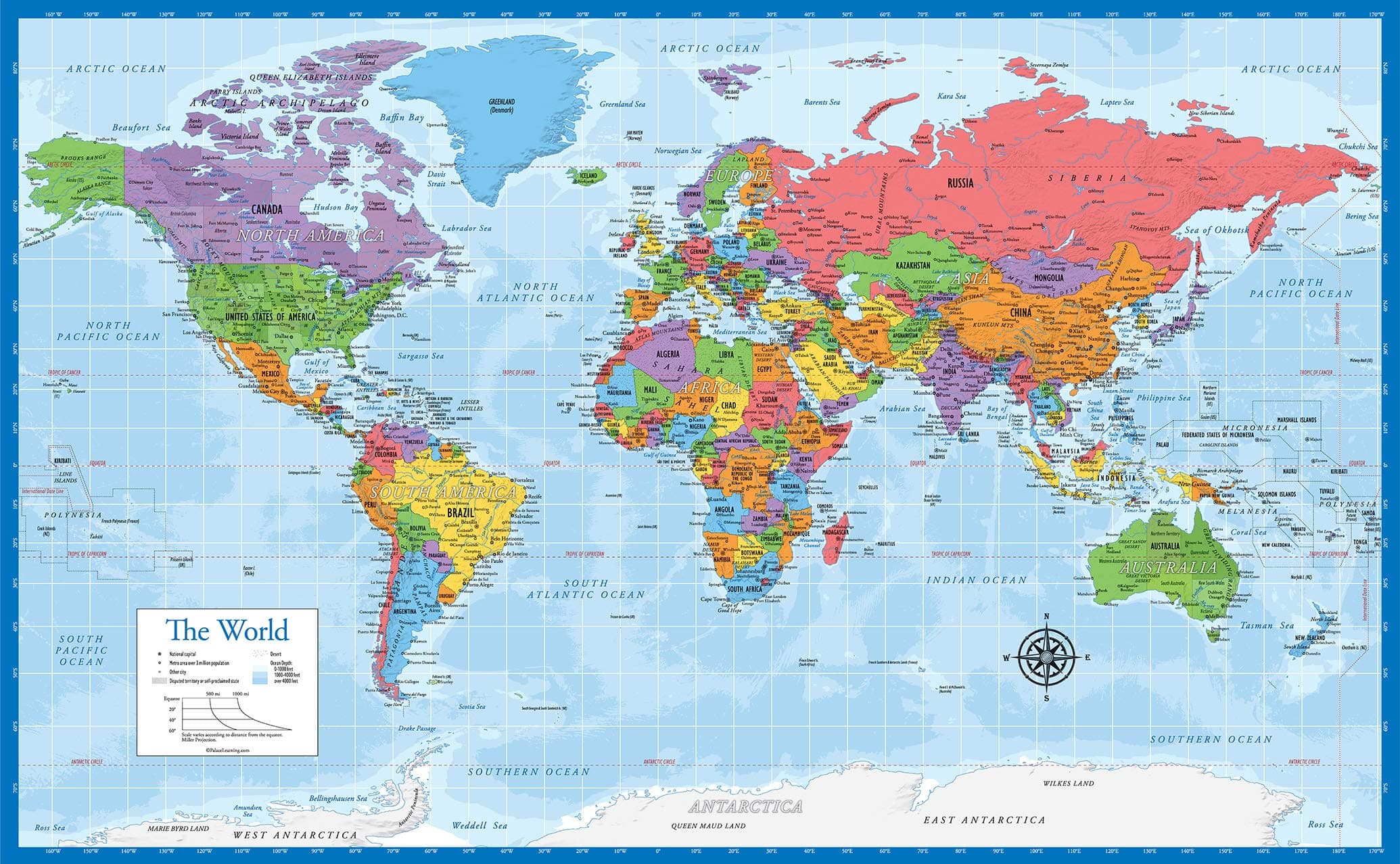 ラミネート世界地図ポスター - ウォールチャート 地球地図 - 18インチ x 29インチ (ブルー)
