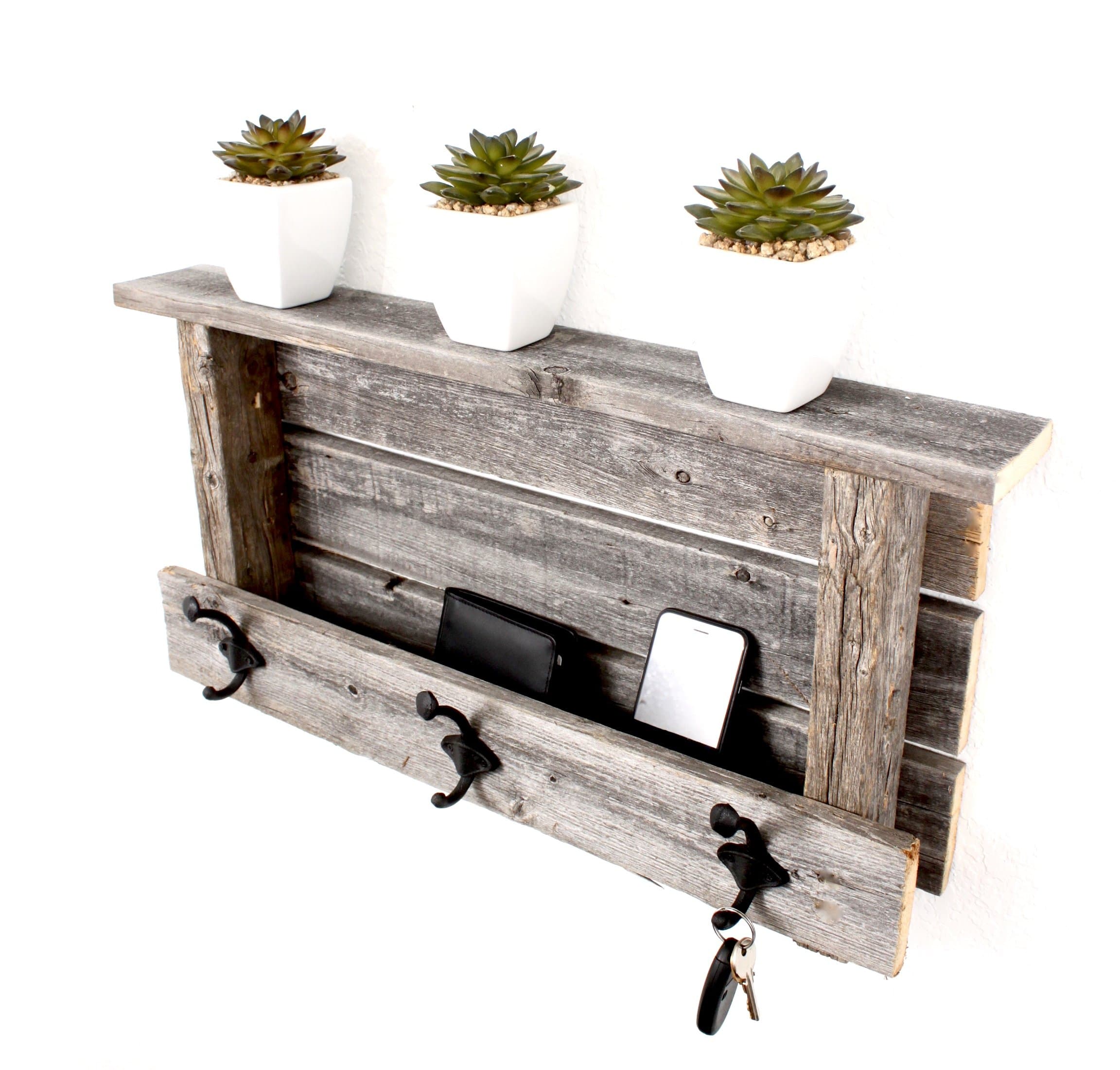 BARNWOODUSA Rustic Wood Farmhouse Shelf with Hooks (Weathered Gray)