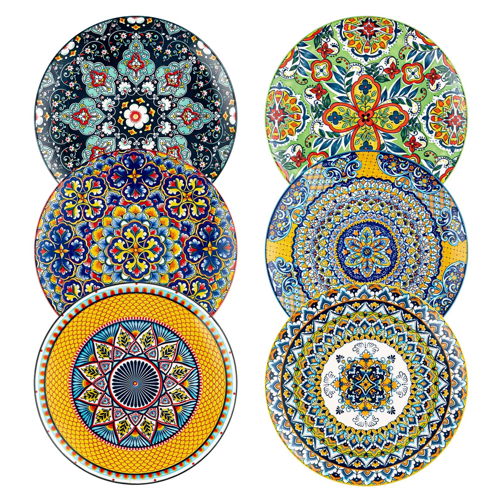 – Dinner Plates Porcelain, 27 cm Salad Plates Coloured Breakfast Plates, 6 Piece Large Round Plate Set with Pattern and Colourful - Bohemian Style