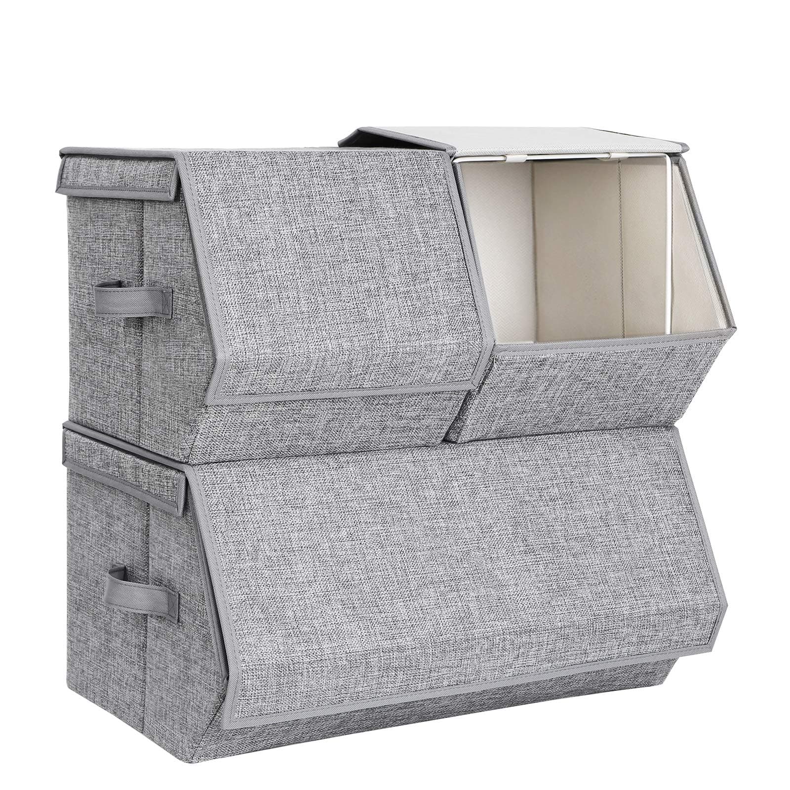 SONGMICS Stackable Storage Boxes With Lids, Set of 3 Toy Organizer, Metal Frame, Magnetic Closure, For Clothes Toys Books, Grey RLB12GY