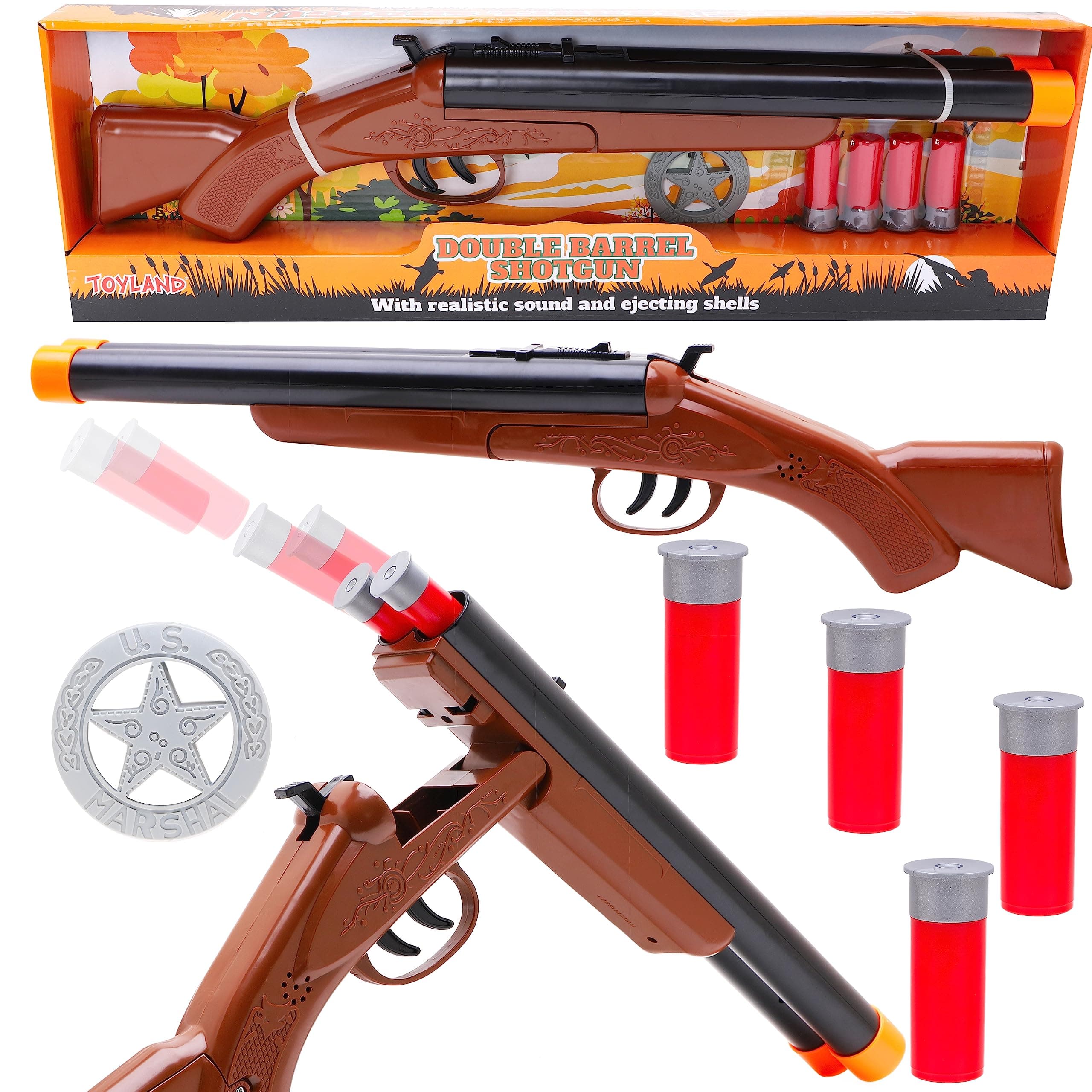 47cm (19”) Double Barrel Western Toy Shotgun - Cowboy Role Play Gun with Sound effects and Ejecting Shells - Fancy Dress & Playtime - Suitable for Kids 3+