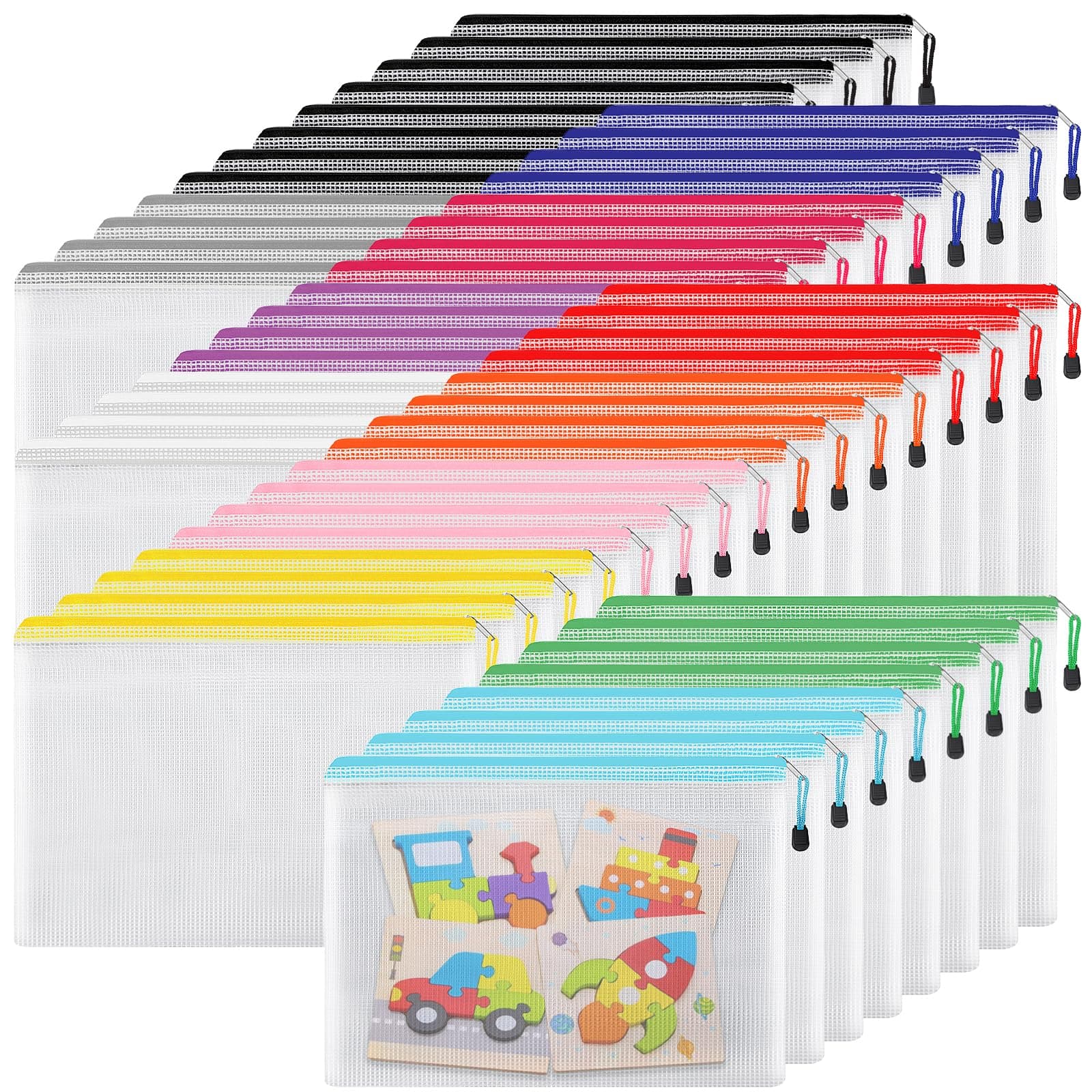 LABUK 52pcs Mesh Zipper Pouch Bags, A4 Letter Size Plastic Zipper Pouches, Waterproof Puzzle Toys Organizing Storage Bags for Classroom Organization, Board Game Storage