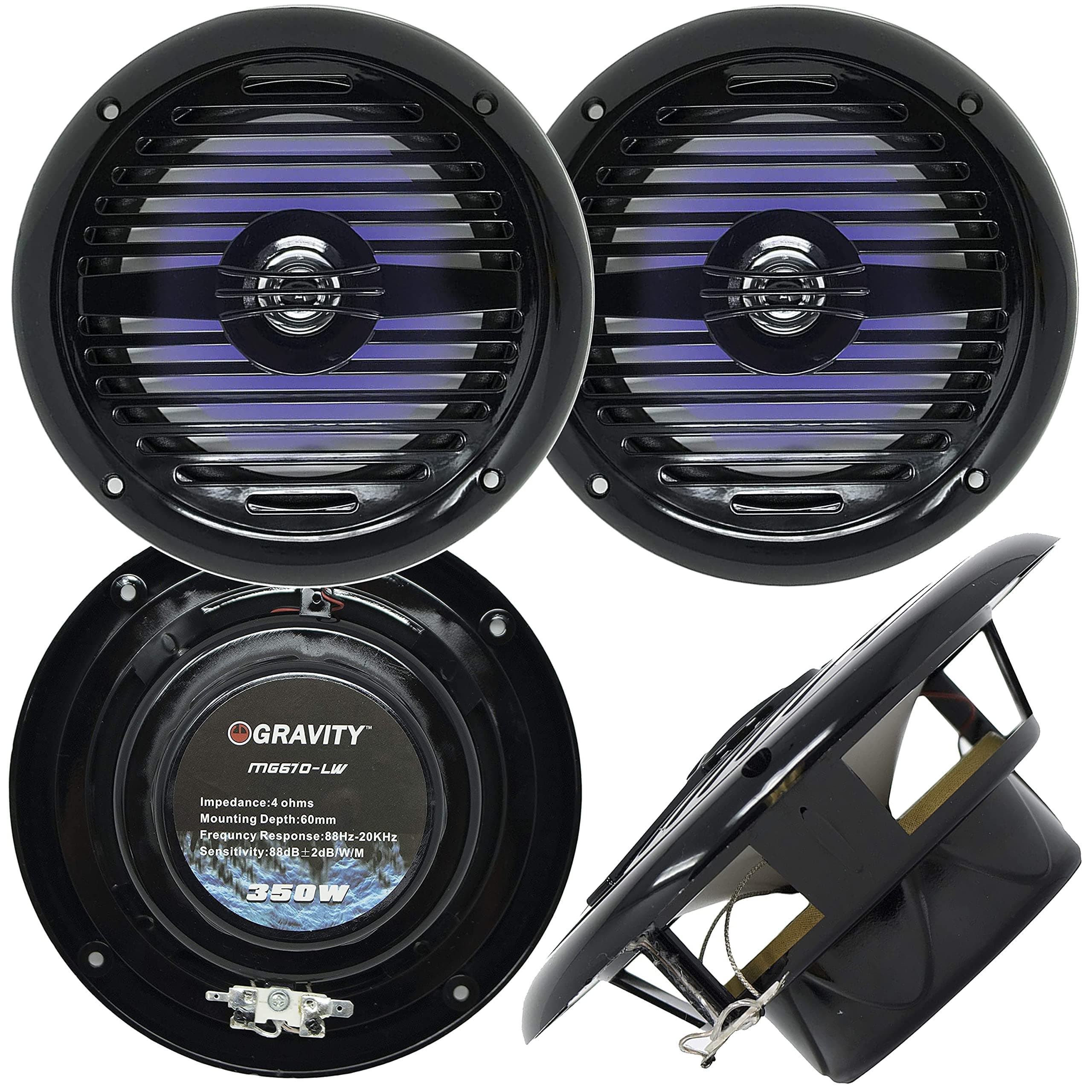 Gravity Marine Speakers - 6.5 Inch 2 Way Waterproof and Weather Resistant Outdoor Audio Stereo Sound System with LED Lights, 350 Watt Power and Low Profile Slim Style - 1 Pair - MG670 (Black)