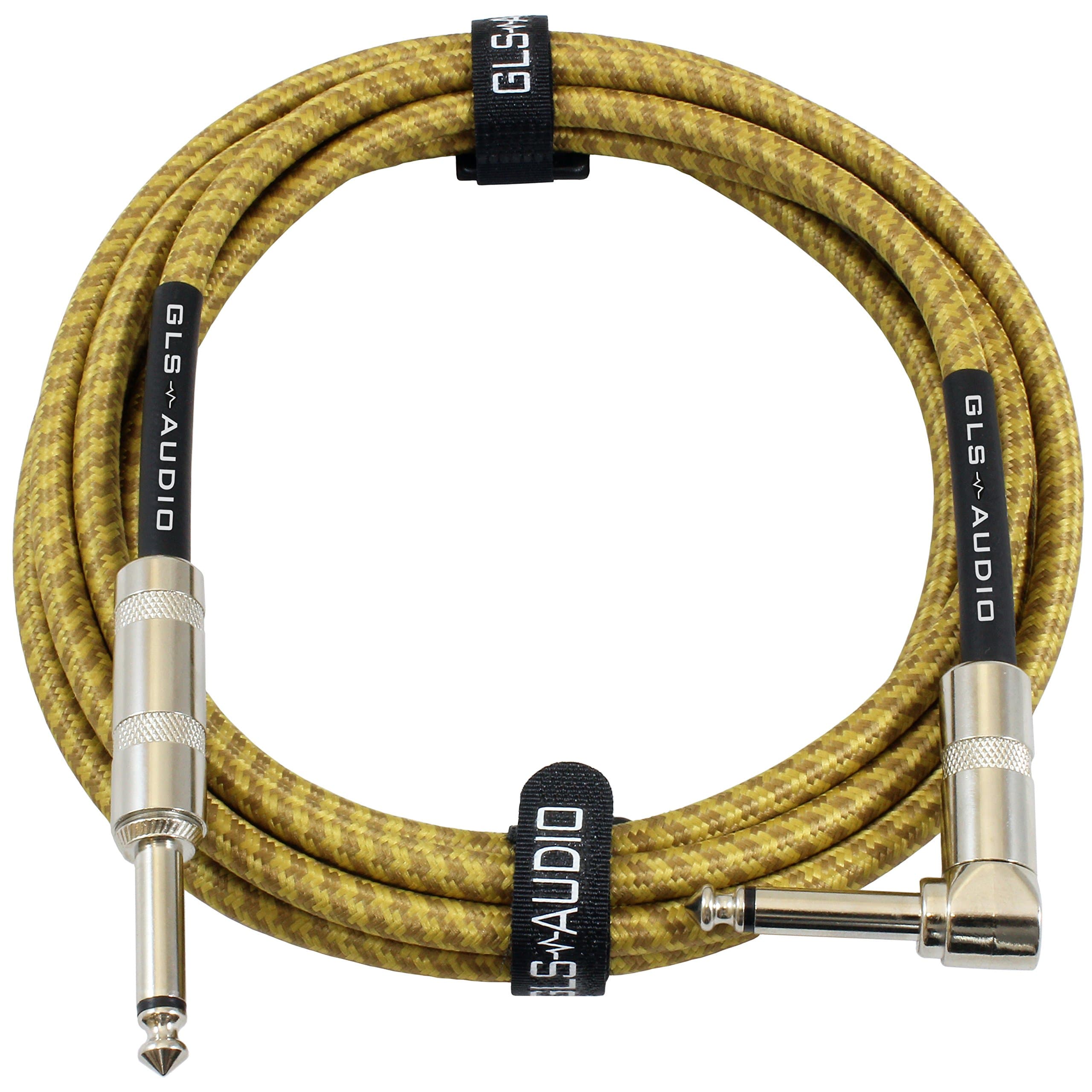 GLS Audio Instrument Cable - Amp Cord for Bass & Electric Guitar - Straight to Right Angle 1/4 Inch Instrument Cable - Brown/Yellow Braided Tweed, 10 Ft