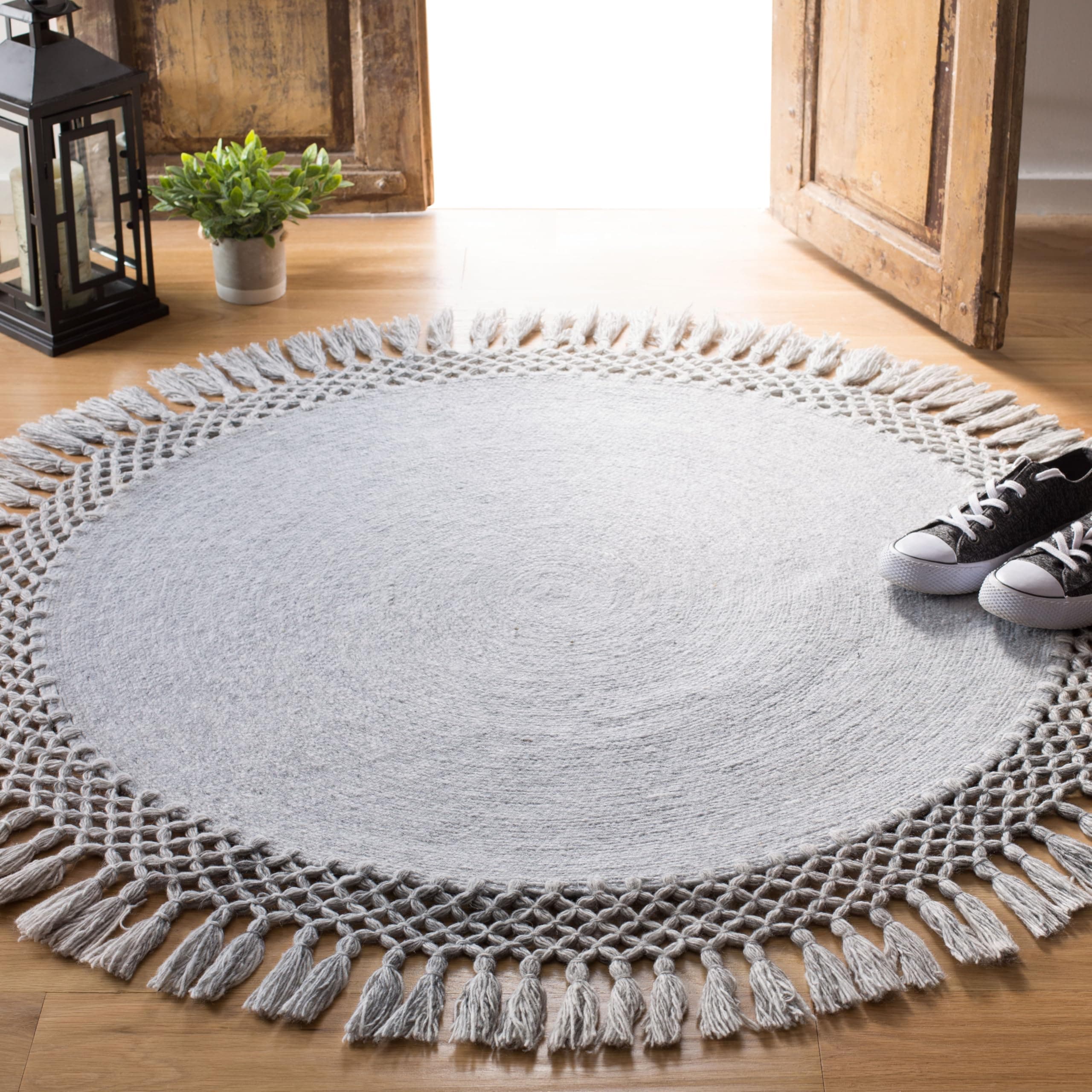 Sahara Collection 3' Round Grey SAH490F Handmade Boho Tassel Area Rug