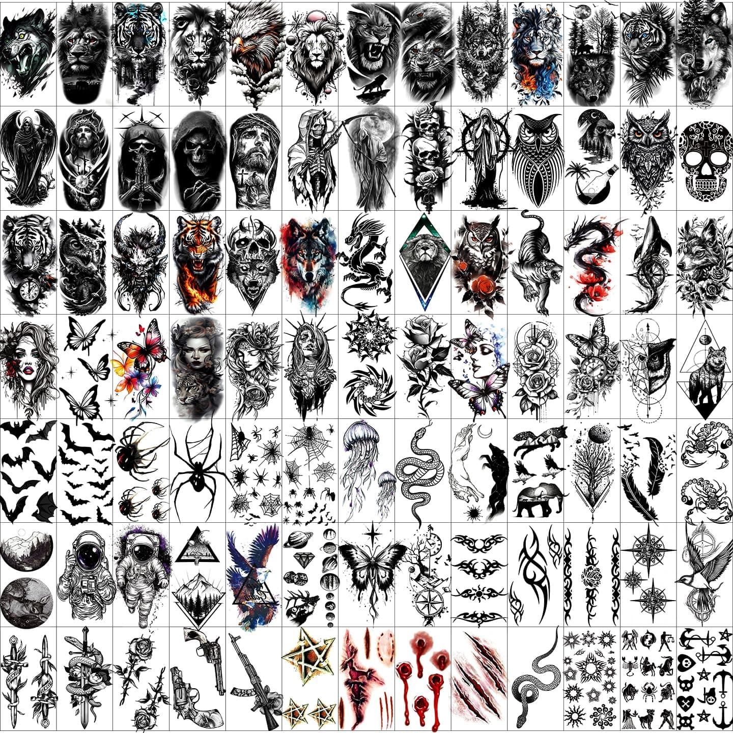102 Sheets Halloween Tiny Temporary Tattoos Stickers, Fake Tattoos That Look Real And Last Long, Halloween Include Black Scary Wolf Lion Tiger Skeleton Skull Tattoos