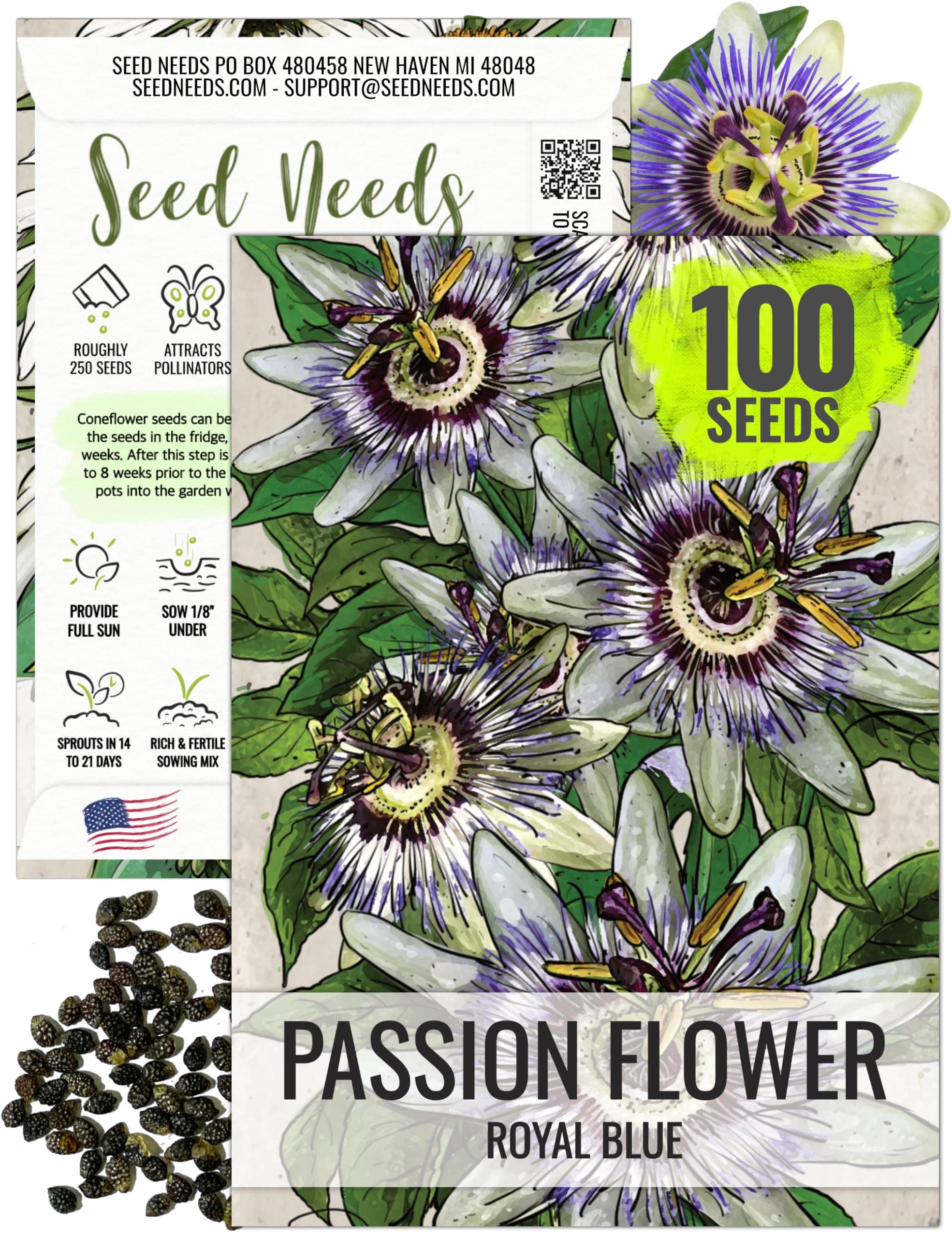 Seed Needs, Blue Passion Flower Seeds - 100 Heirloom Seeds for Planting Passiflora caerulea - Open Pollinated, Tropical Vine (1 Pack)