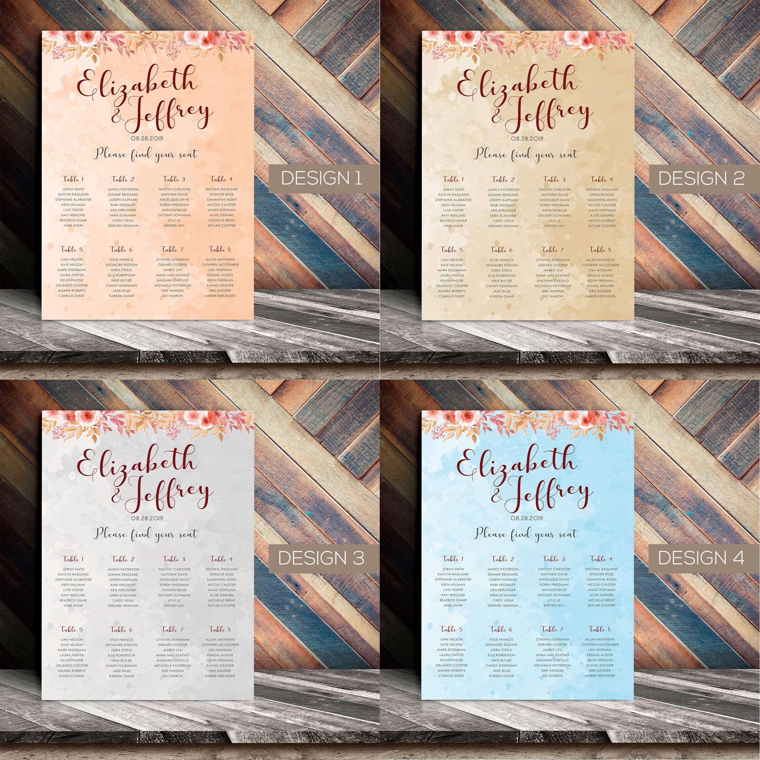 Personalised Wedding Table Seating Plan | Floral Find Your Seat Chart | A1 A2 A3