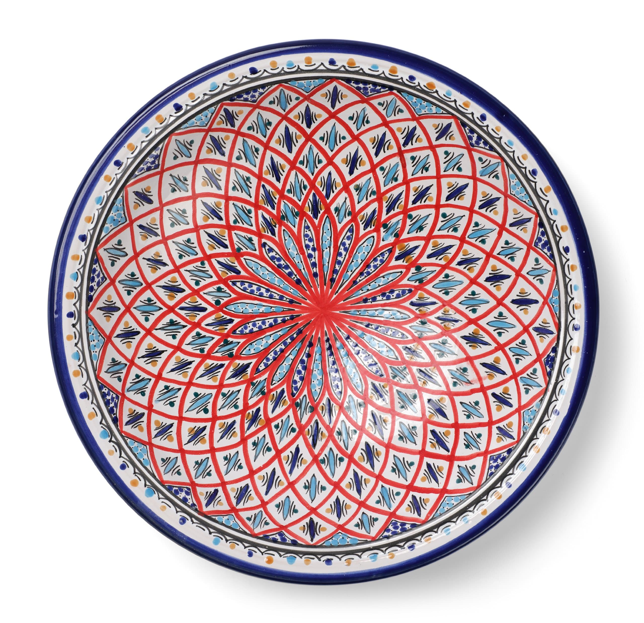 Decorative Tunisian Ceramic Round Bowl Serving Platter Red Blue