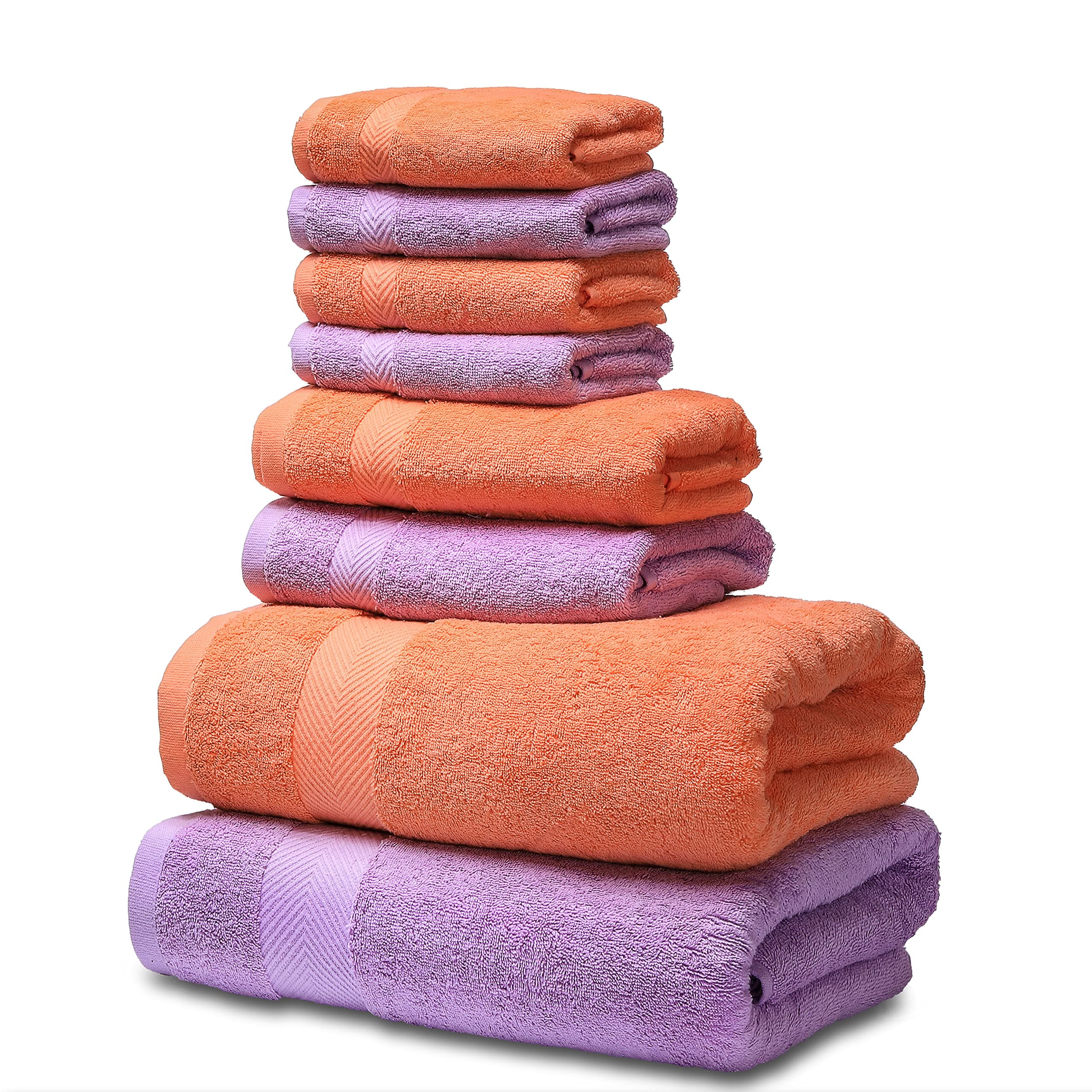 SEMAXE Towels Bathroom Sets. Hotel & Spa Quality. 2 Large Bath Towels , 2 Hand Towels, 4 Washcloths. Premium Cotton Bathroom Towels. Soft & Highly Absorbent (Orange+Purple, 8 Piece Towel Set)