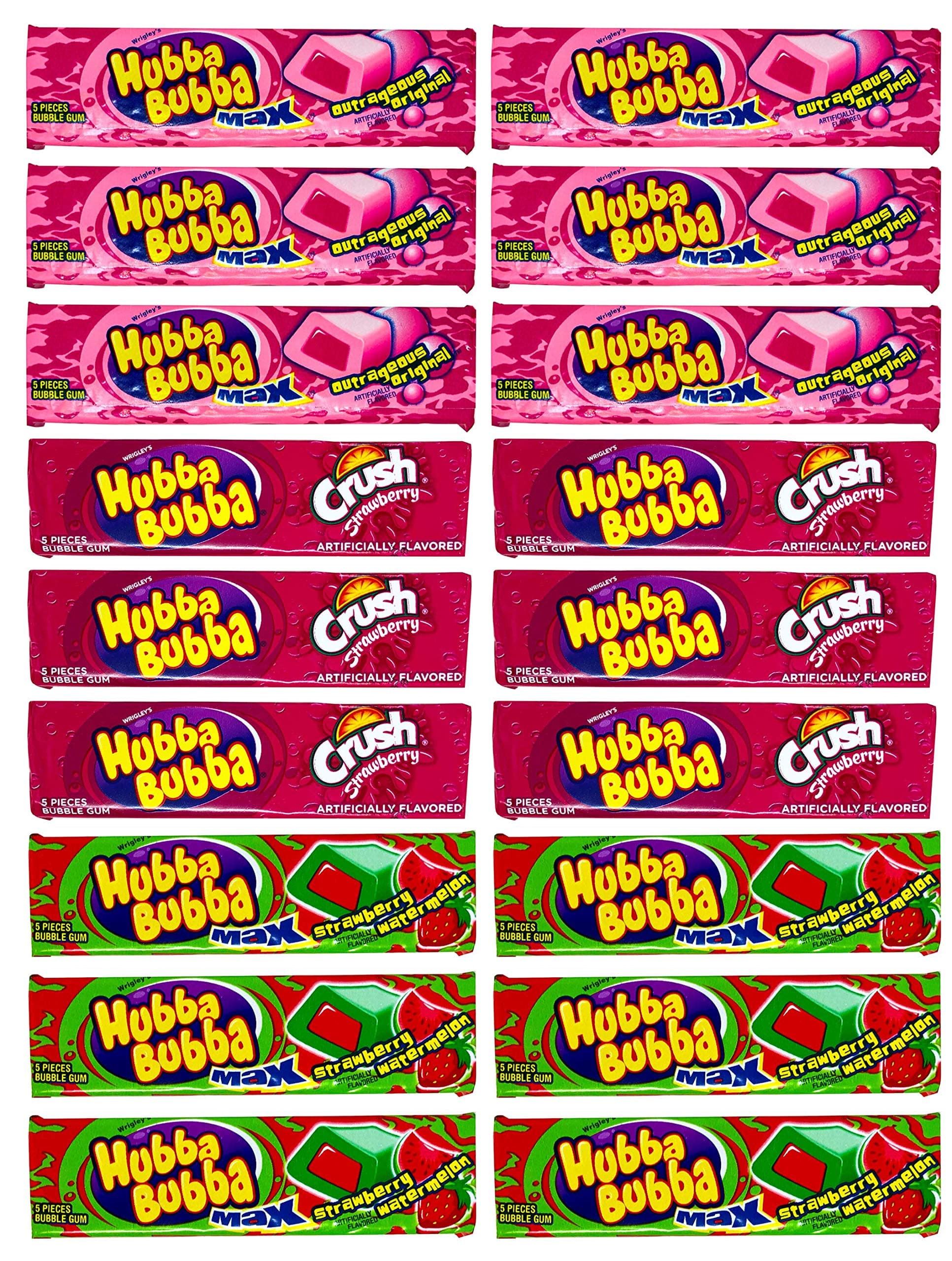 Hubba Bubba Gum Variety Pack of 18 - Strawberry Crush, Outrageous Original, and Strawberry Watermelon