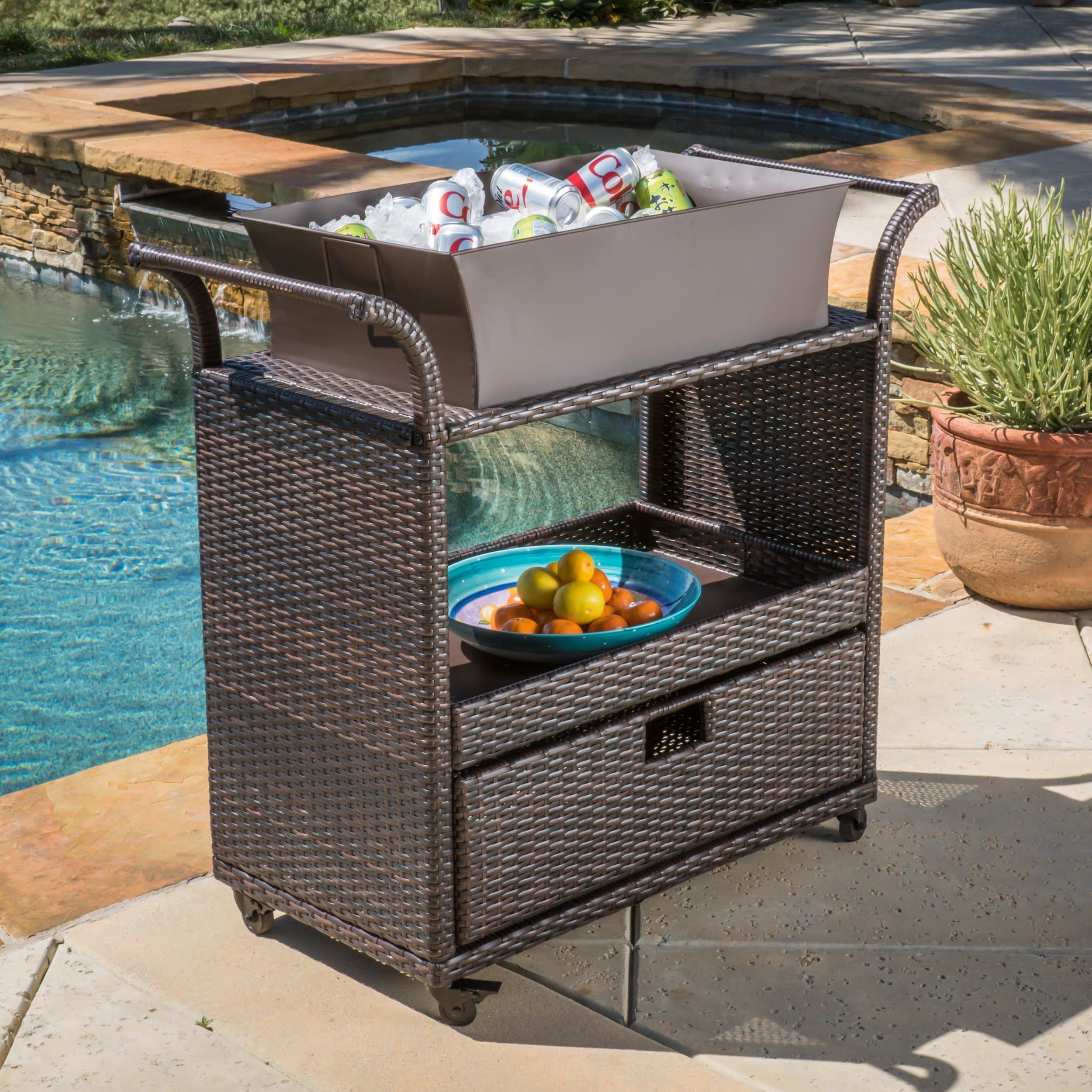 Bar Cart Utility Rolling Wheels Wicker Kitchen Island Storage Portable Table Indoor Outdoor Backyard Patio Food Drinks Serving Trolly bar cart Resin wicker metal frame brown Assembly required