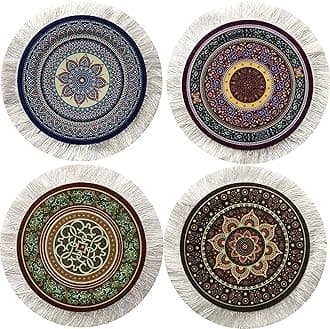 Turkish Rug Coasters Set of 4 – Round Carpet-Style Drink mats with Fringe, No...