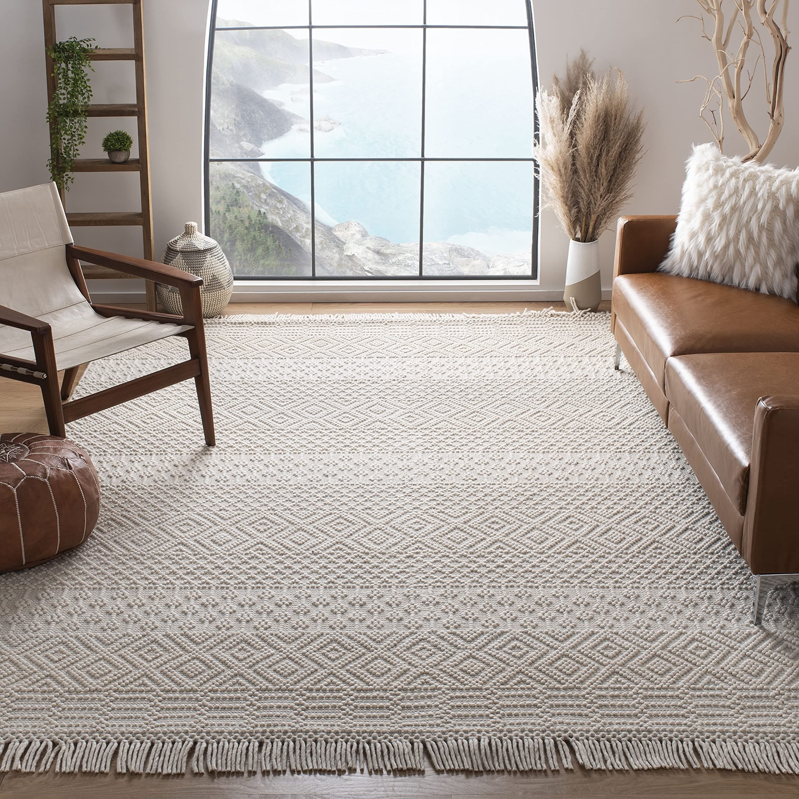 SafaviehNatura Collection Area Rug - 8' x 10', Ivory, Handmade Moroccan Boho Wool Fringe, Ideal for High Traffic Areas in Living Room, Bedroom (NAT852B)