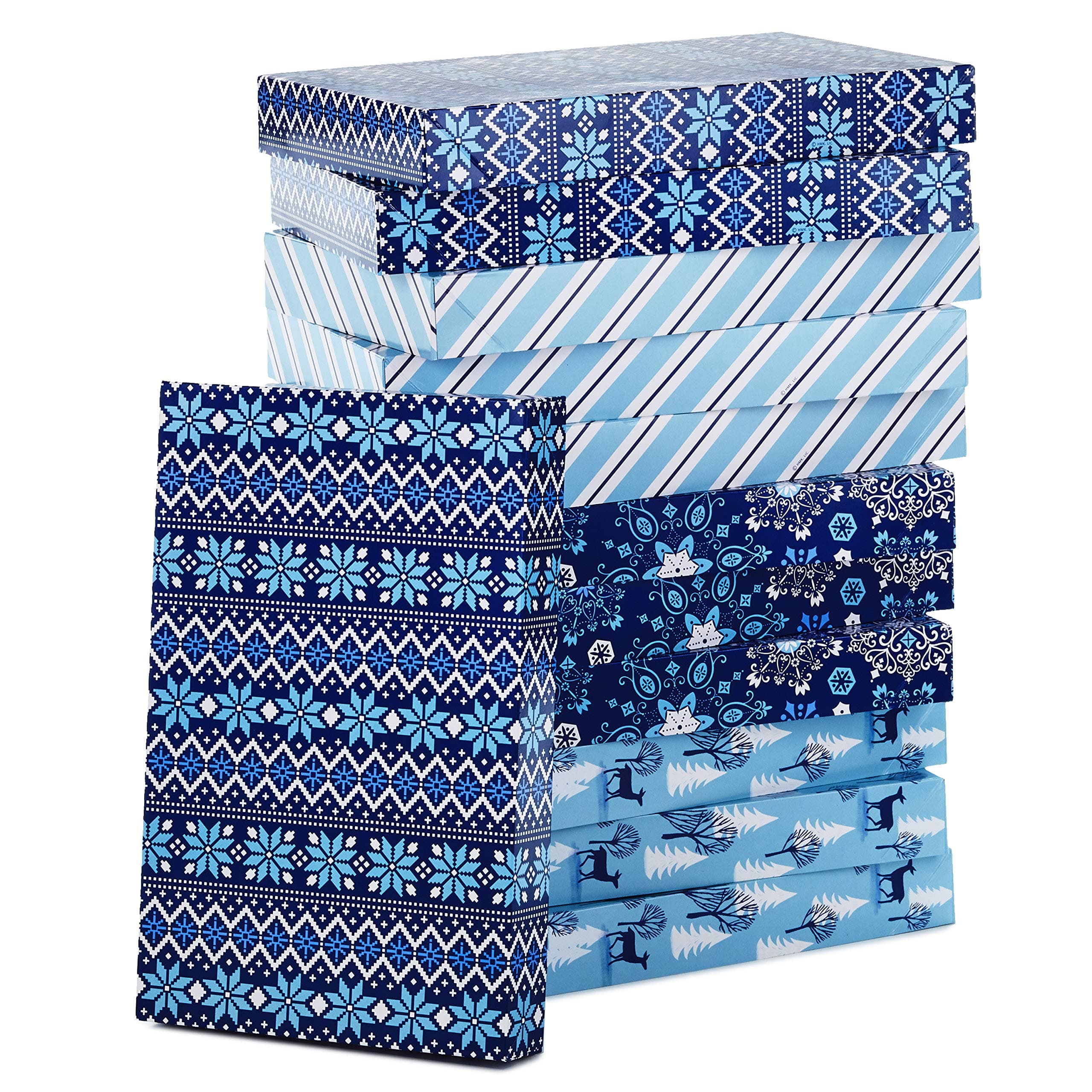 Medium Holiday Gift Boxes with Lids (12 Shirt Boxes, 4 Designs: Snowflakes, Stripes, Sweater Pattern, Reindeer) for Christmas, Hanukkah, Holiday Parties, Hostess Gifts