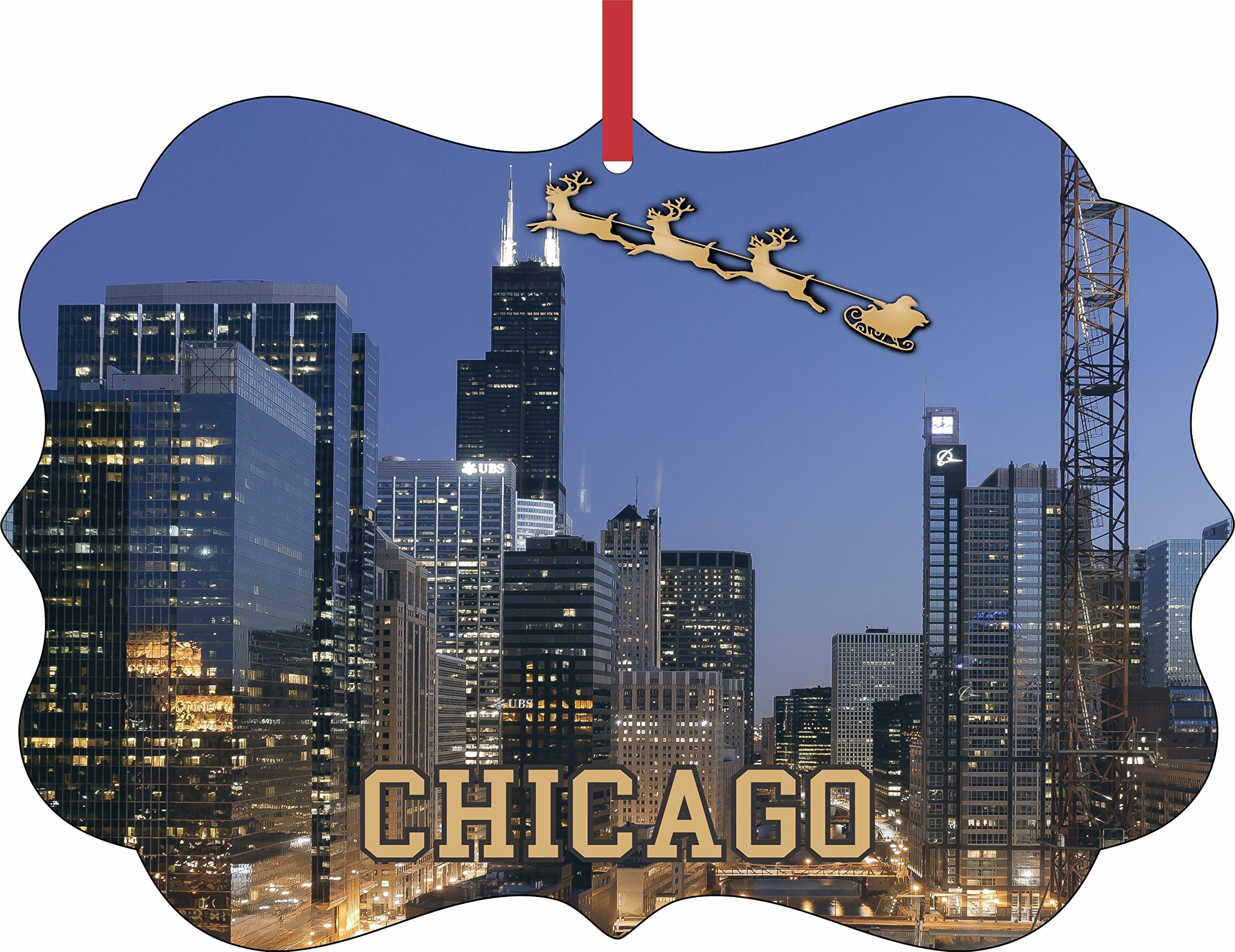 Santa and Sleigh Over Willis (Sears) Tower, Chicago Christmas - Holiday Ornament - Hanging - Benelux Shaped - Flat - Double Sided - by Lea Elliot Inc. TM