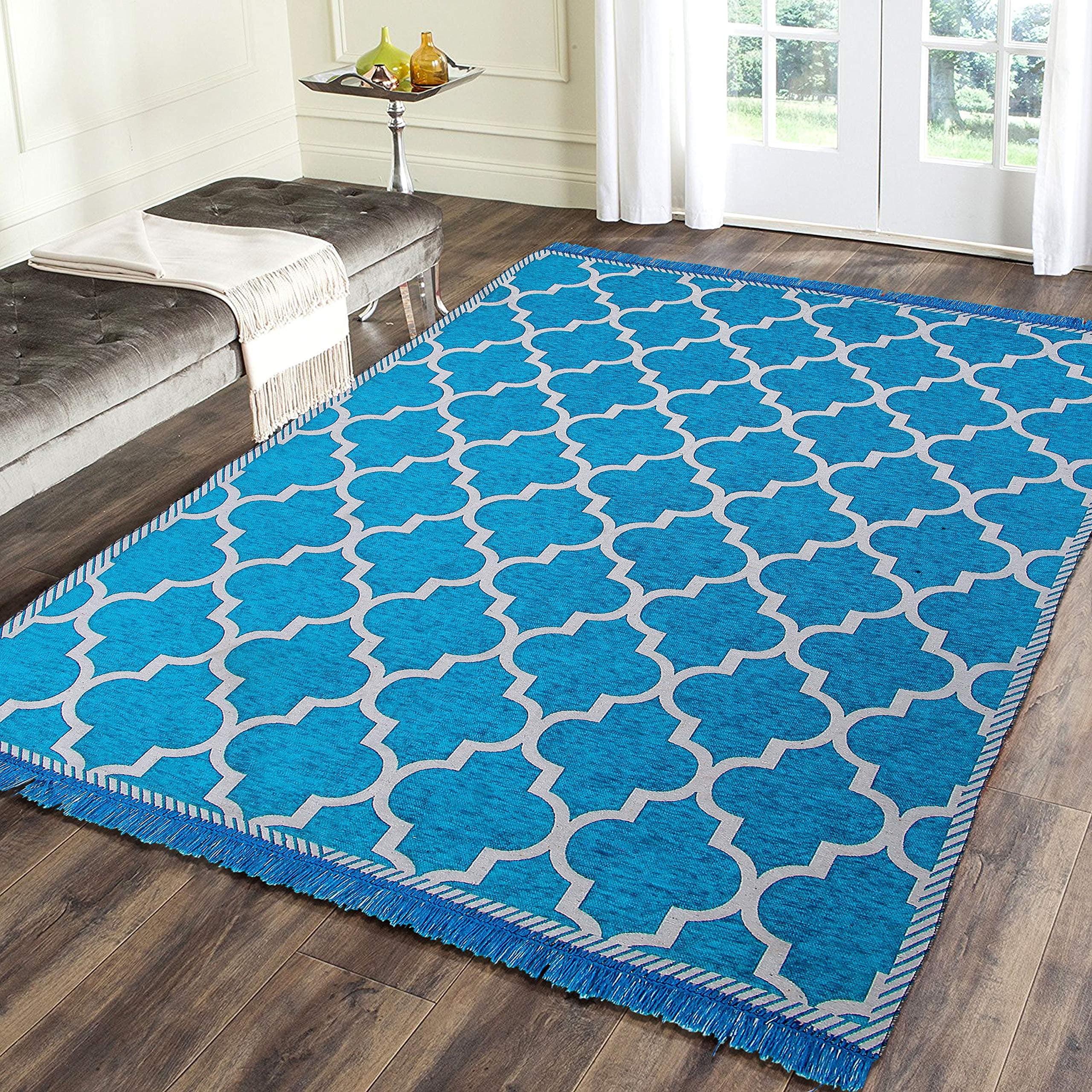 Braids Zesture Chenille Flat Weaved Dhamas Motif Multipurpose Carpet with Tussles -4.5 feet x 7 feet (Aqua)