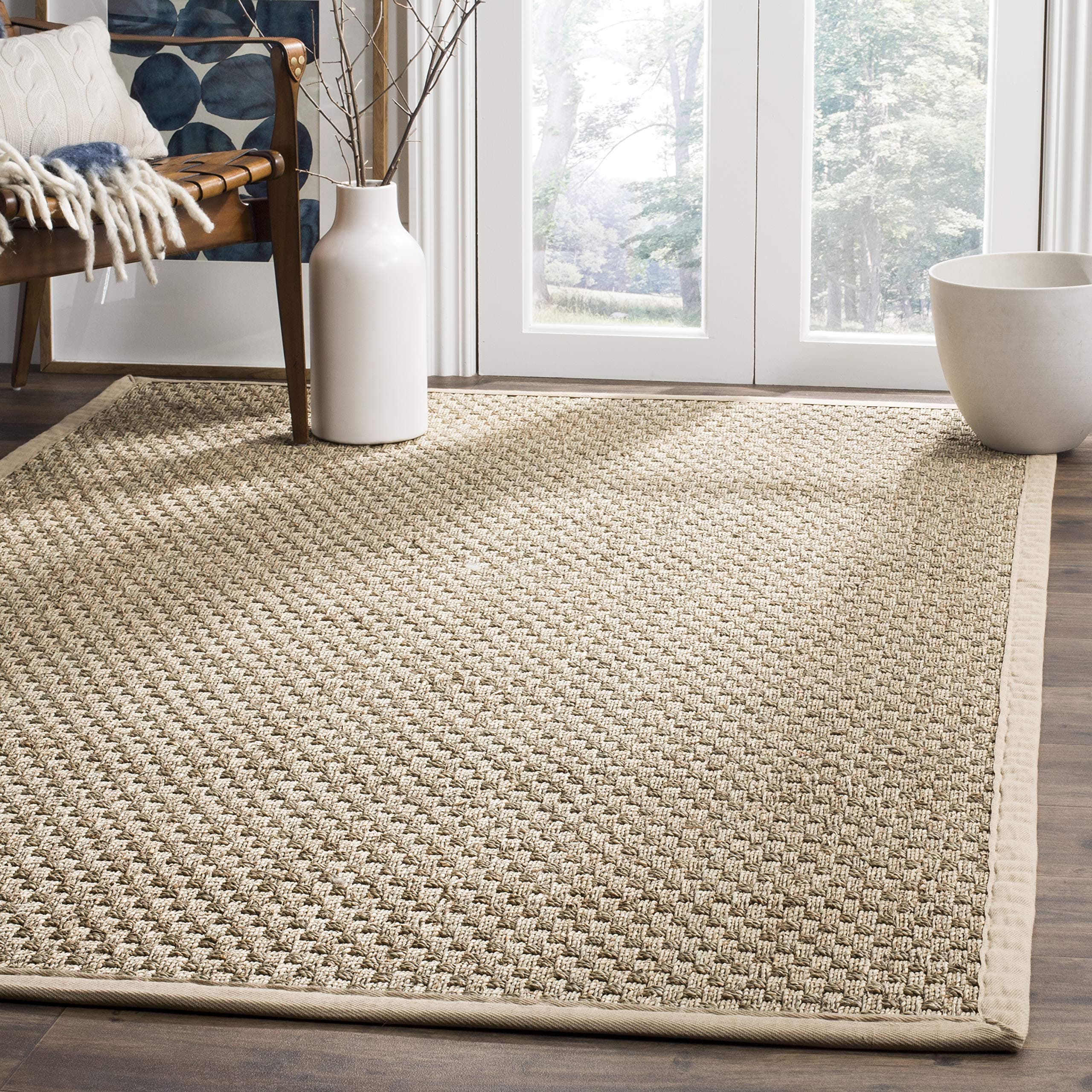 Area Rug 6x9 - Natural Fiber Collection - Natural & Beige, Seagrass, Basketweave Pattern with Border (NF114A)