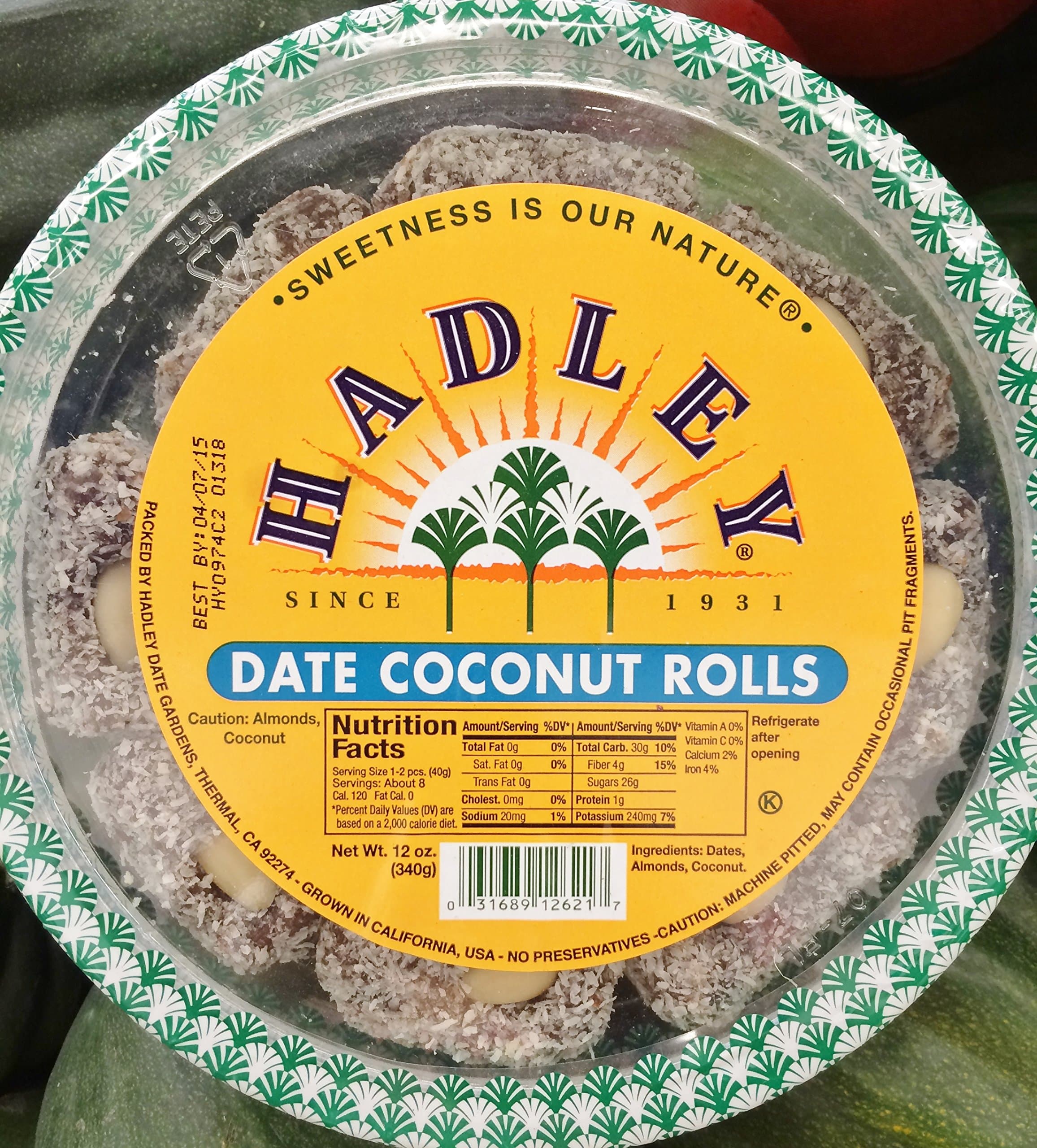 12oz Hadley Date Coconut Rolls, No Preservatives, Pack of 1