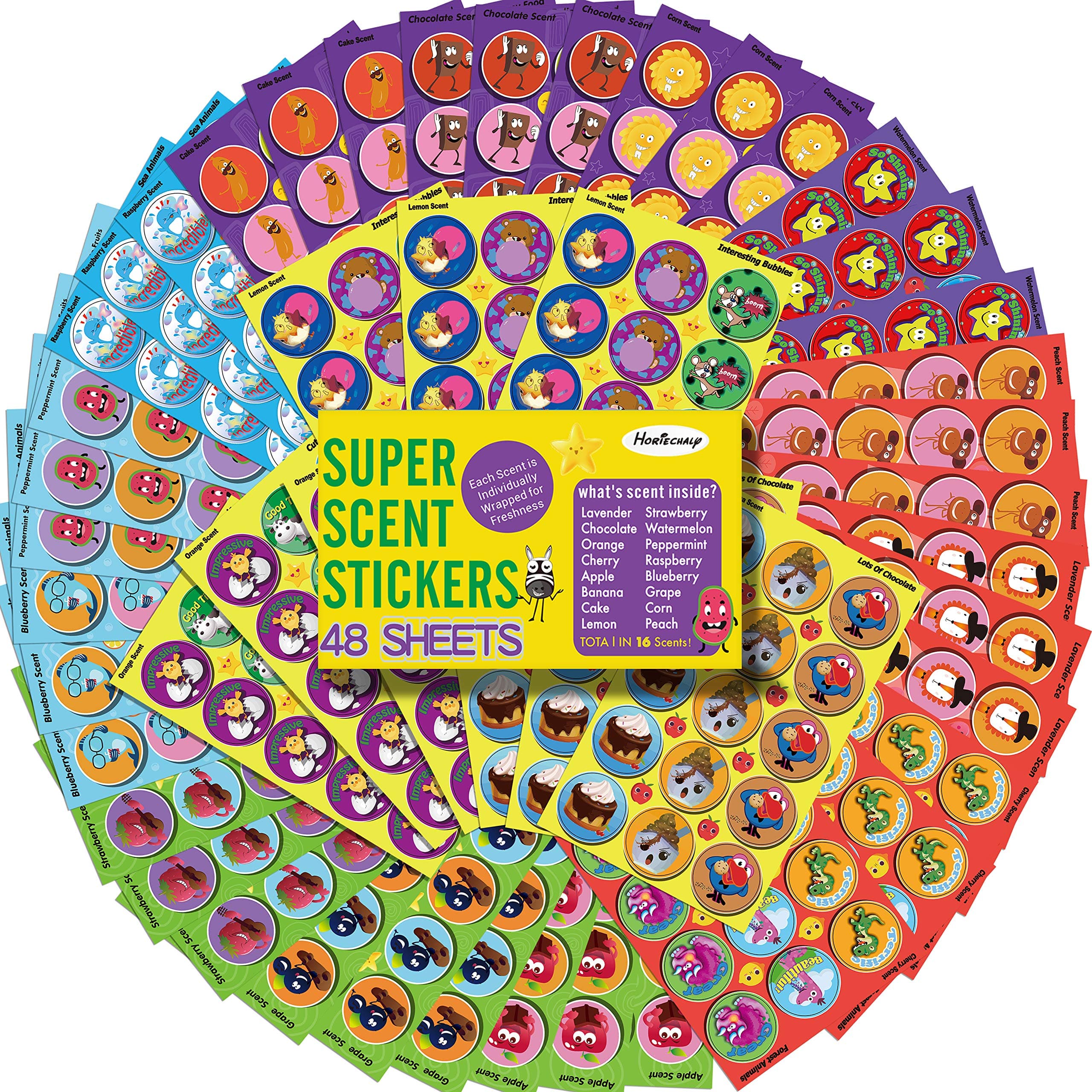 HORIECHALY Smelly Stickers Scratch and Sniff for Kids, Scented Stickers 48 Sheets 746 PCS 16 Different Scents, Sensory Fun Positive Reward for Classroom Engagement and Creative Play