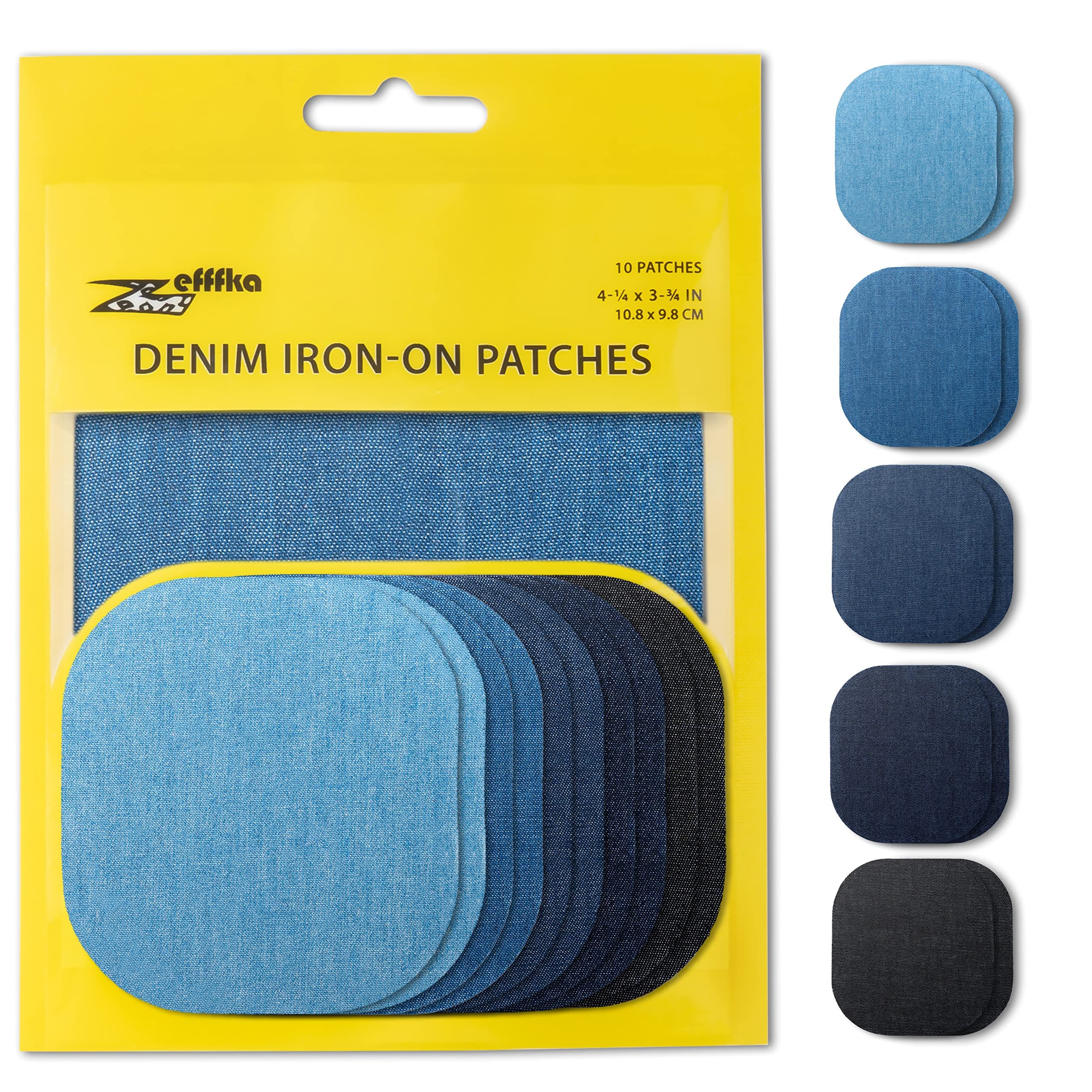 ZEFFFKA Denim Iron-on Jean Patches Inside & Outside Strongest Glue 100% Cotton Assorted Shades of Blue Black Repair Decorating Kit 10 Pieces Size 4-1/4" by 3-3/4" (9.8 cm x 10.8 cm)