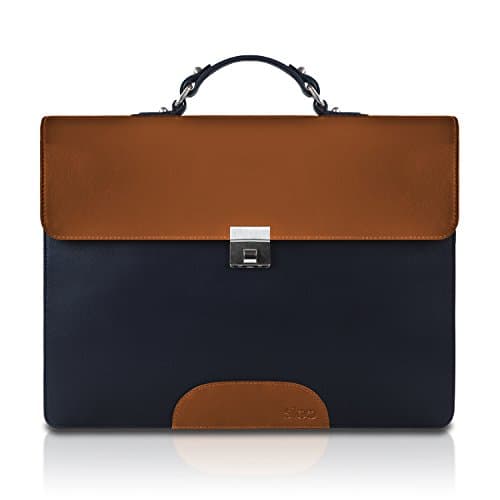 SILEO® Premium Genuine Leather Briefcase ADAM with Padded Pocket for Laptops up to 15.6 Inch – Mens HanMBag, Satchel, Messenger, Crossover, Shoulder, Laptop Bag for Men in Navy Blue & Tan