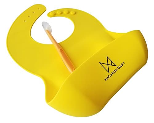 MACARON BABY waterproof silicone bibs, easy to clean, comfortable soft bibs keeps stains off, with food catcher pocket + BONUS Silicon Spoon (FDA & LFGB approved, BPA FREE) (Lifting Lemon)