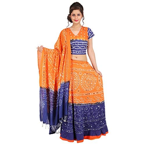 Craft pace Jaipuri Sequin n Beads Work Bandhej Lehanga Choli Yellow Red Tie n dye Cotton Lehenga at Best Prices AA-15