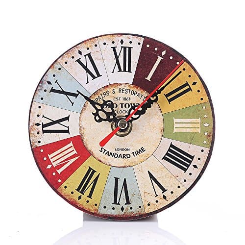 Wooden Yellow Decoration Round Desk Clock, Small Desktop Wood Clock, Handmade Creative Clock ,Vintage Rustic Country Tuscan Style Greek Numerals Desk Clock (Red Yellow Blue)