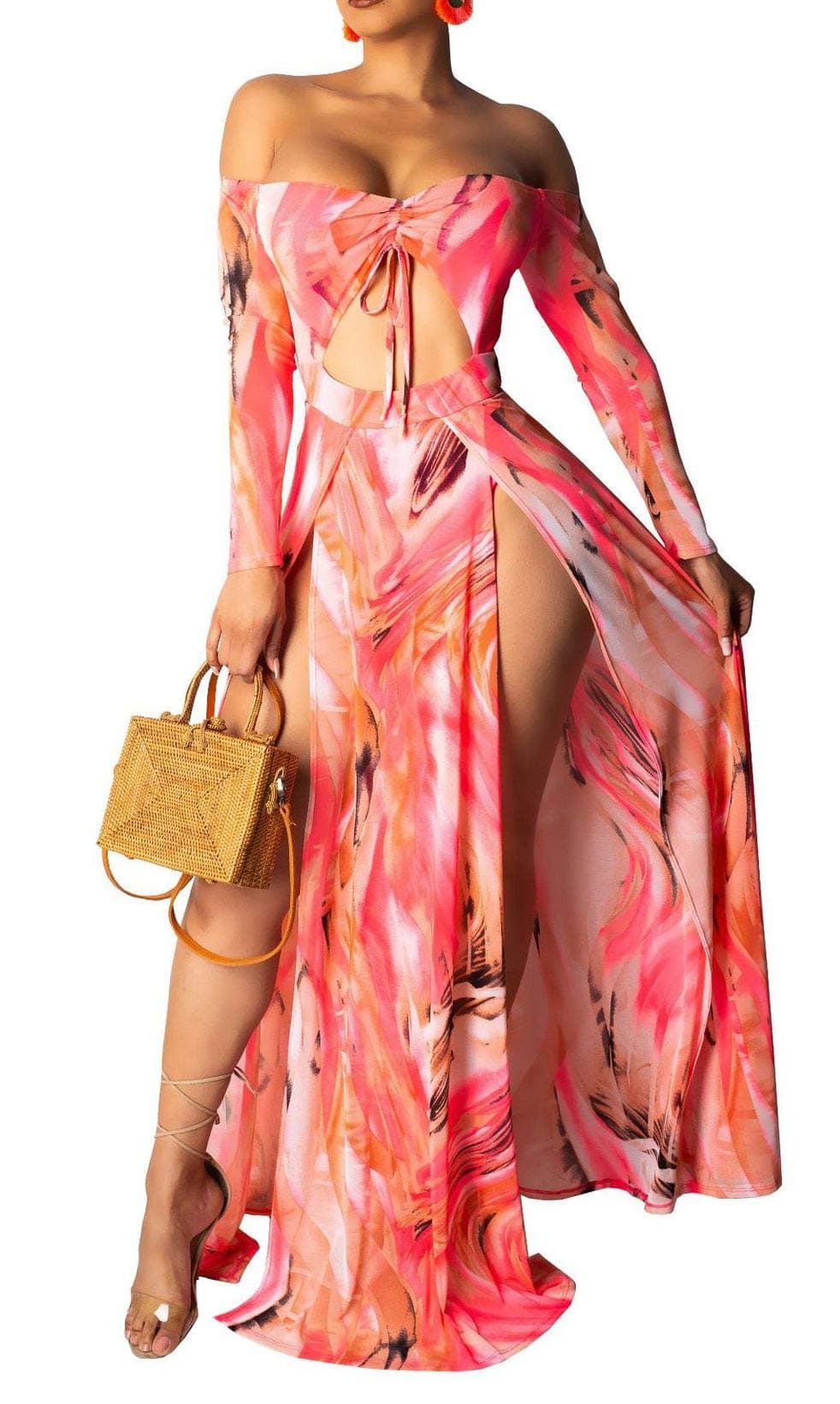 Memorose Womens Print Maxi Dress Off Cut Out Split Bodycon Party Club Dress