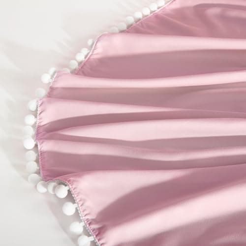 TILLYOU Ruffled Crib Skirt with Pompoms, Microfiber Nursery Crib Toddler Bedding Skirts for Baby Boys Girls, 14'' Drop, Pink