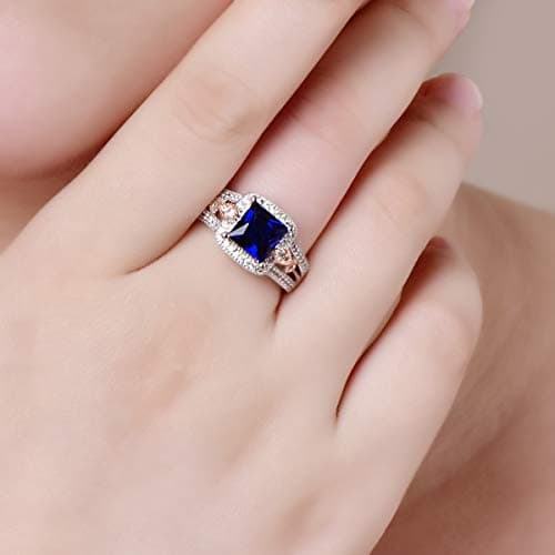 Empsoul 925 Sterling Silver Women's 7x7mm Princess Cut Filled Royalblue Quartz Rose Gold Weave Mystic Promise Wedding Ring Size 6