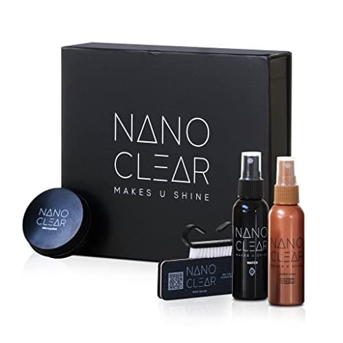 Nano Clear Watch Repair Kit 2.0 - 2 Oz. Cleaner Solution, 1 Oz. Jewelry & Watch Polish, Microfiber Cloth, Matte Sponge, Gold, White