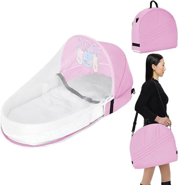 ALMEKAQUZBaby Nest with Mosquito Net, Portable Baby Lounger for Traveling, Toddler Multi-function Folding Bed for Newborn Gift (pink)