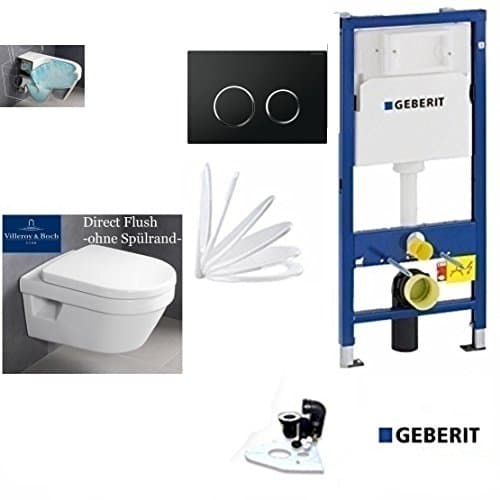 Geberit Duofix Basic UP 320 Framework with Sigma 20 Black V & B Architectura Toilet Direktf Lush Flush Rimless, washdown toilet, Includes Seat, Ceramicplus
