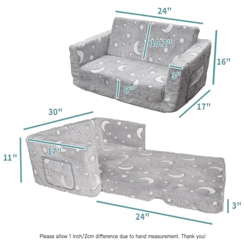 Glow in The Dark Chairs Children's Extra Wide Convertible Sofa to Lounger - Extra Soft 2 Seats 2 in 1 Flip Open Sleeper Couch for Toddler Kids Girls Boys